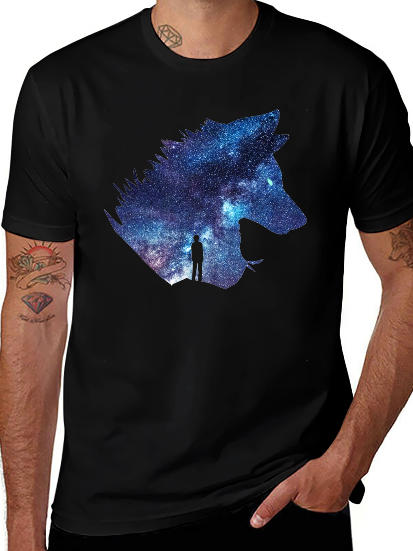 Galaxy Wolf Graphic T-Shirt - Black Crew Neck