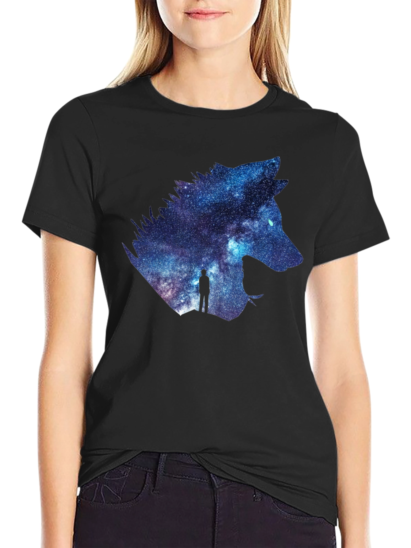 Galaxy Wolf Graphic T-Shirt - Black Crew Neck