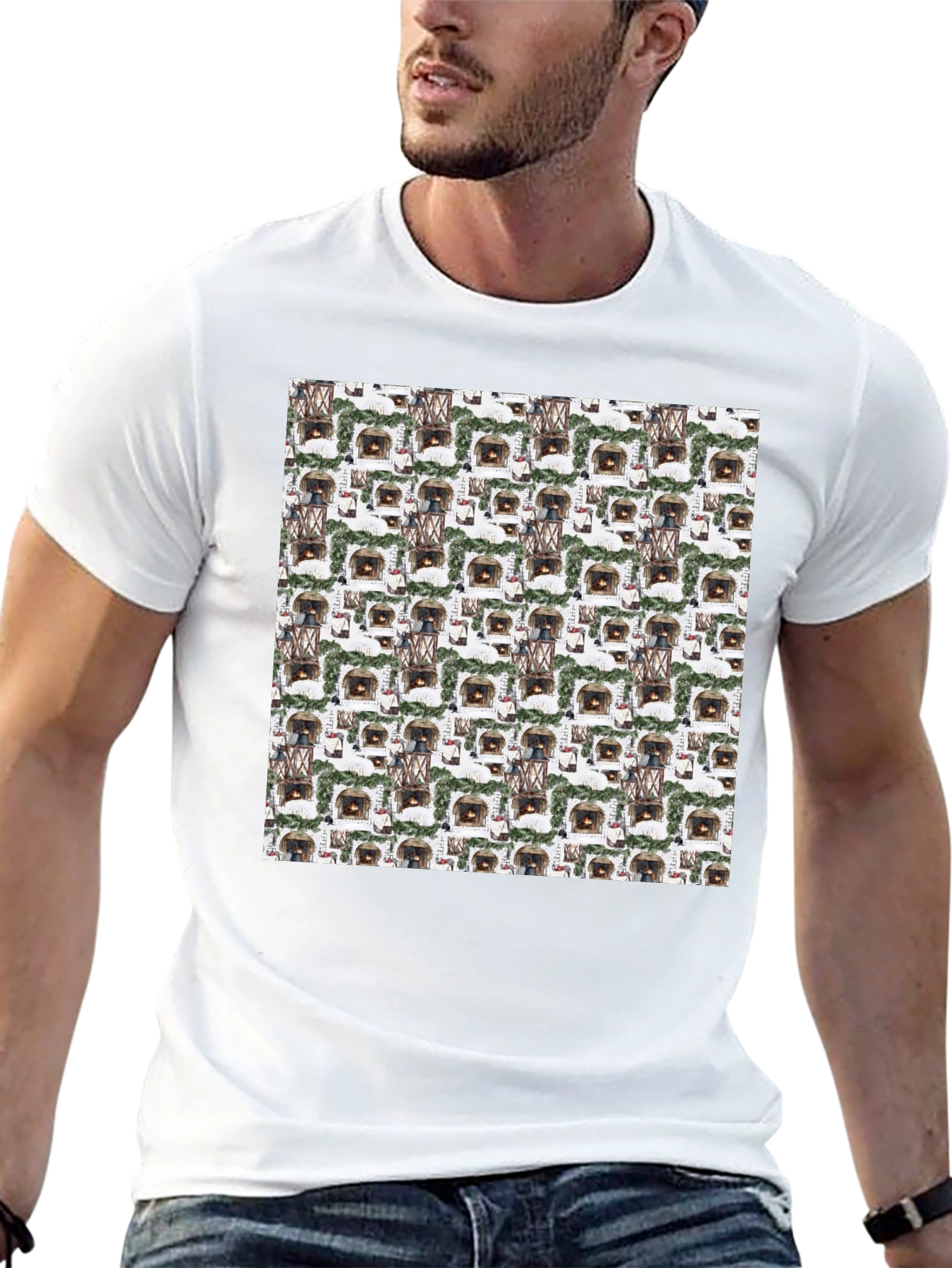 Cozy Fireplace Pattern T-Shirt - Warm & Stylish