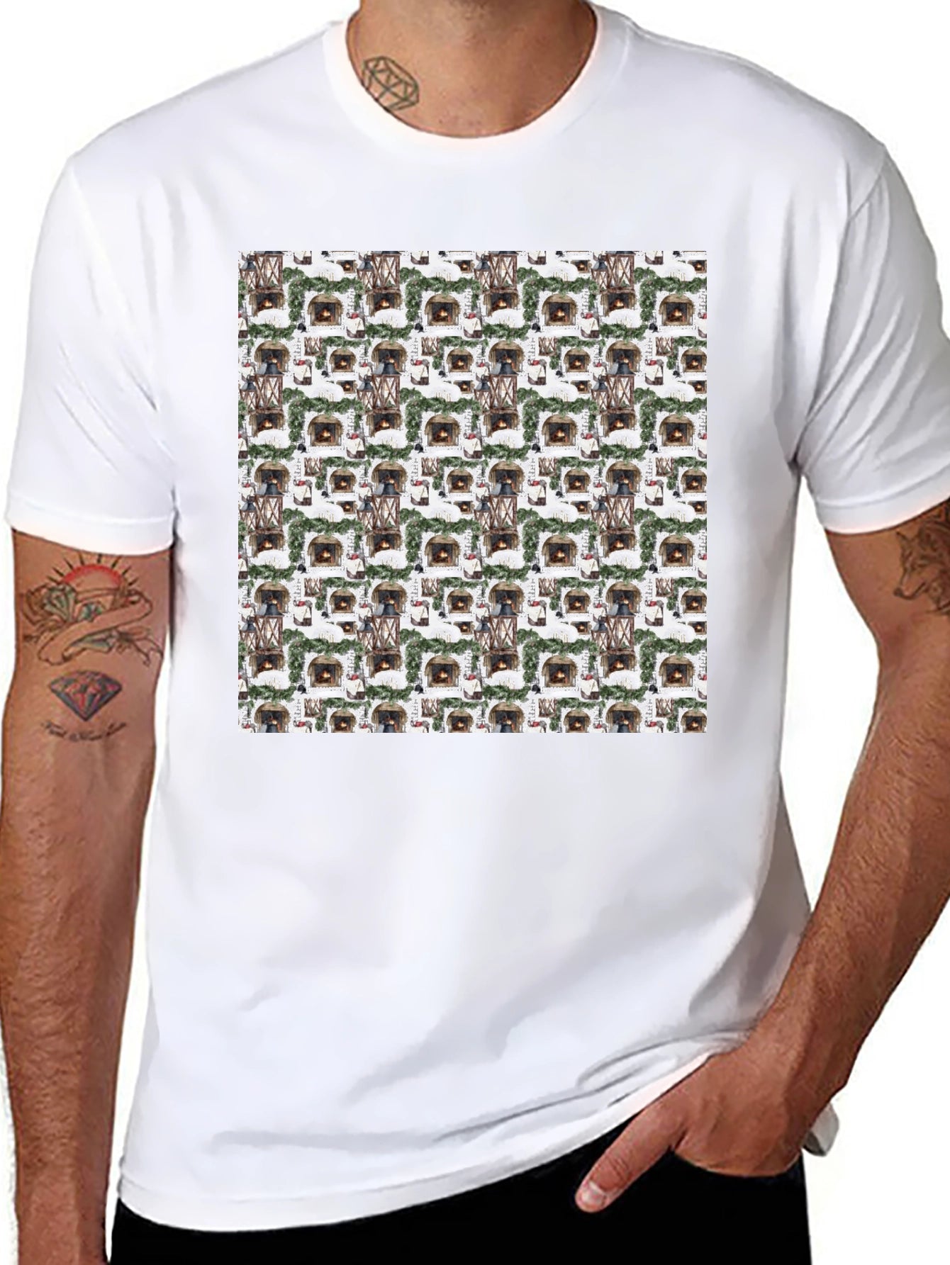 Cozy Fireplace Pattern T-Shirt - Warm & Stylish
