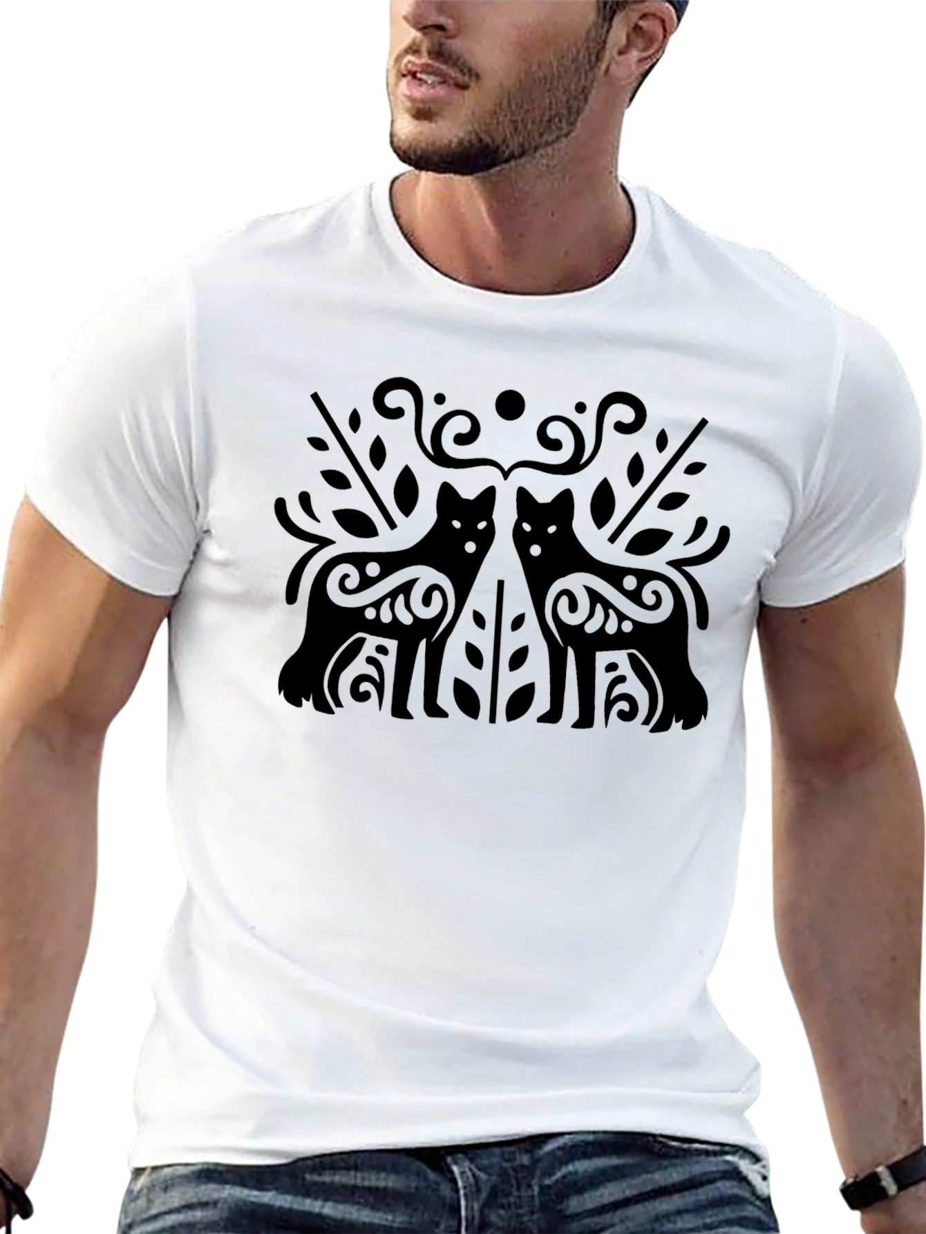 Black T-Shirt with Ornamental Wolf Design