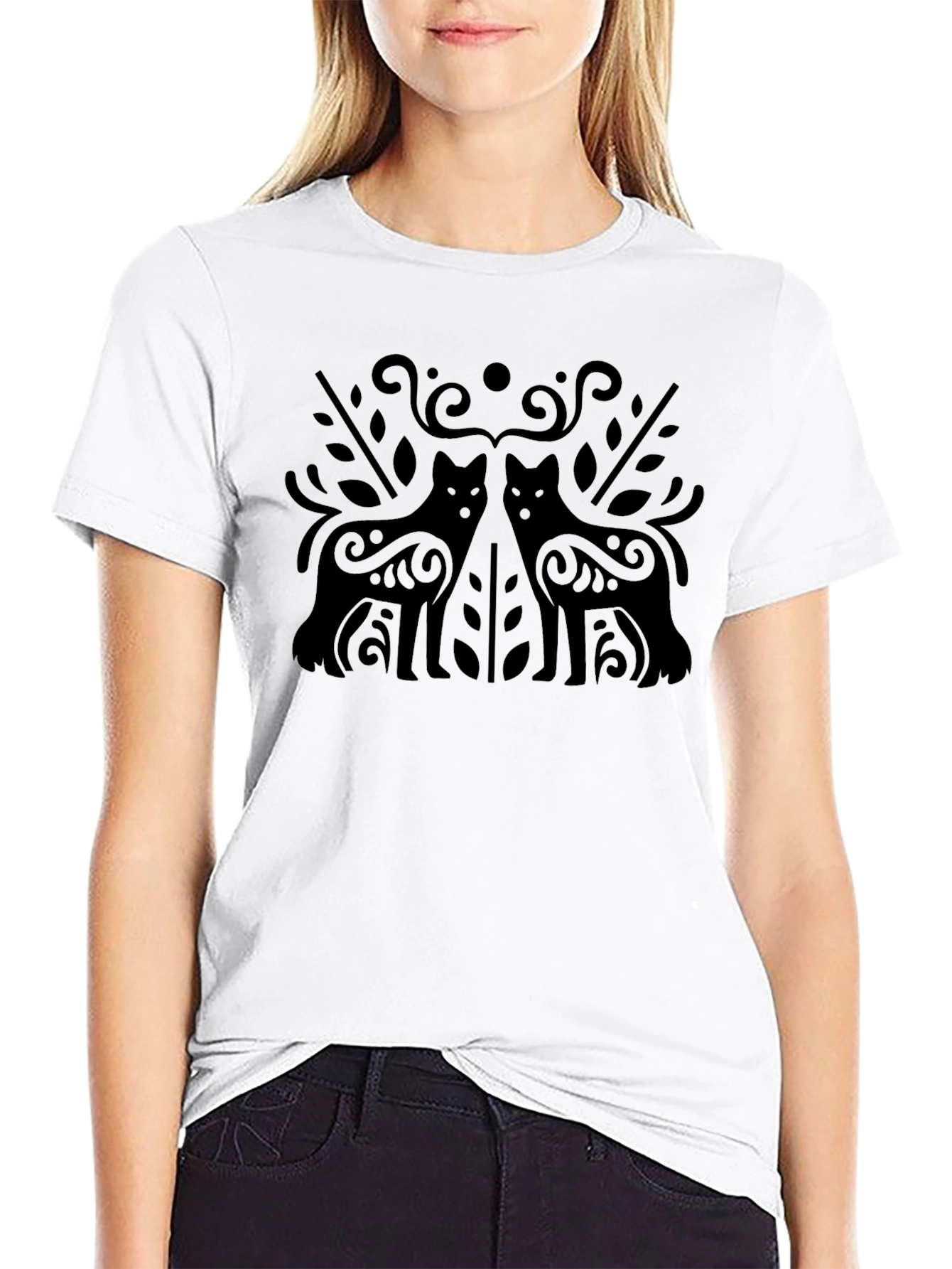 Black T-Shirt with Ornamental Wolf Design