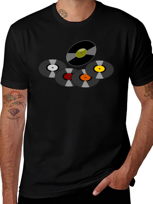 Retro Vinyl Record Graphic Tee - Black Cotton T-Shirt
