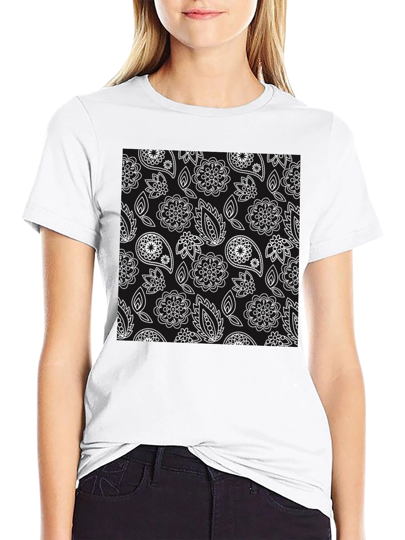 Floral Paisley Patterned Black T-Shirt