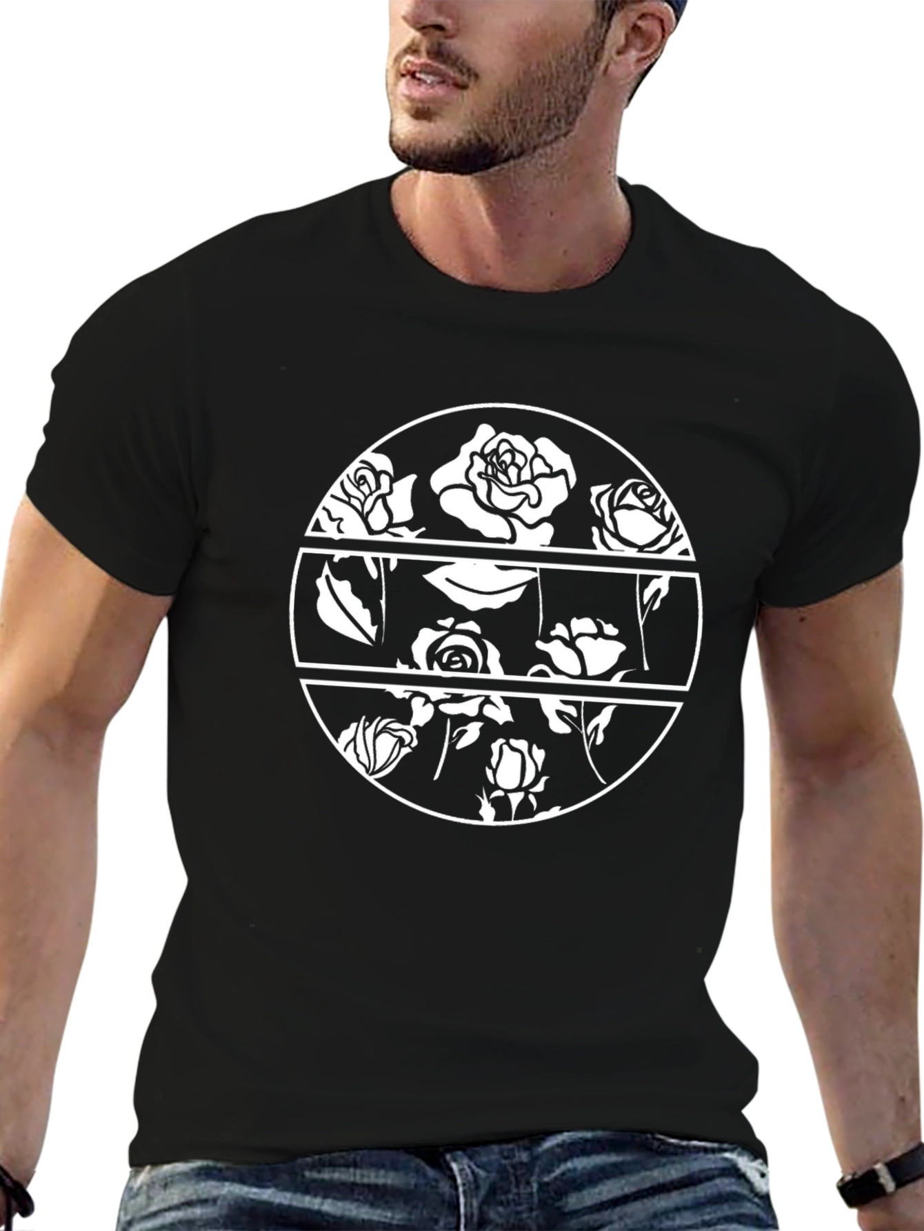 Black Floral Circle Graphic T-Shirt