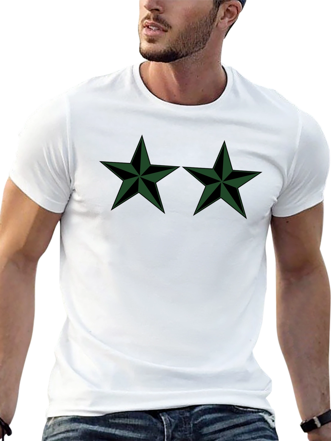 Two Green Stars Black T-Shirt