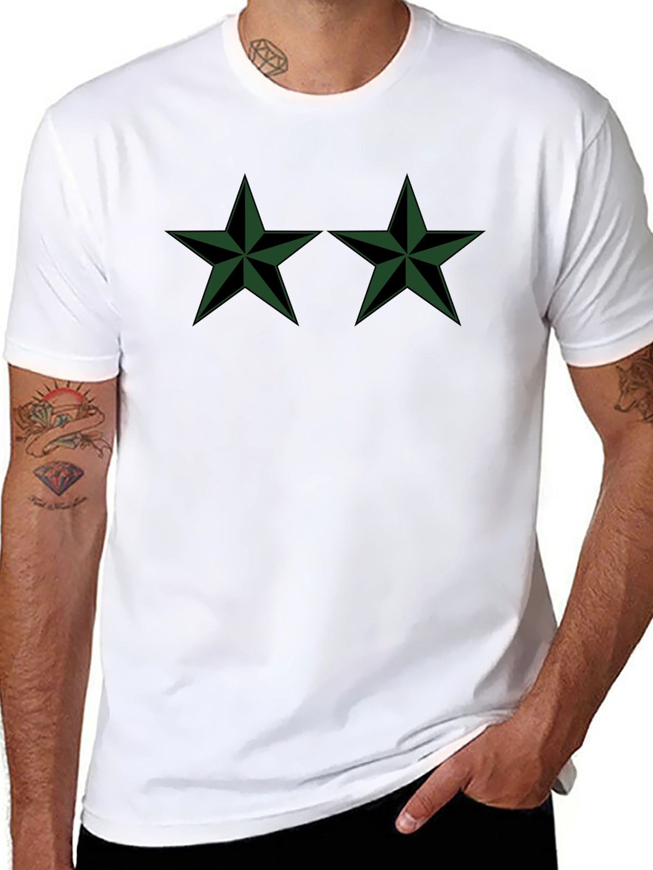 Two Green Stars Black T-Shirt
