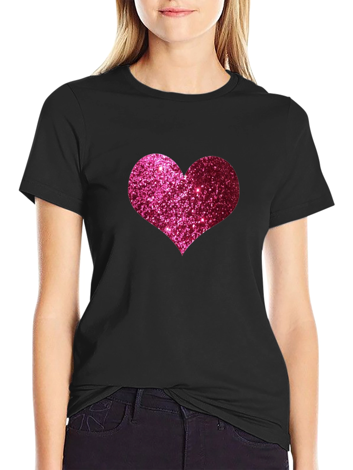 Glitter Heart Graphic Tee - Black