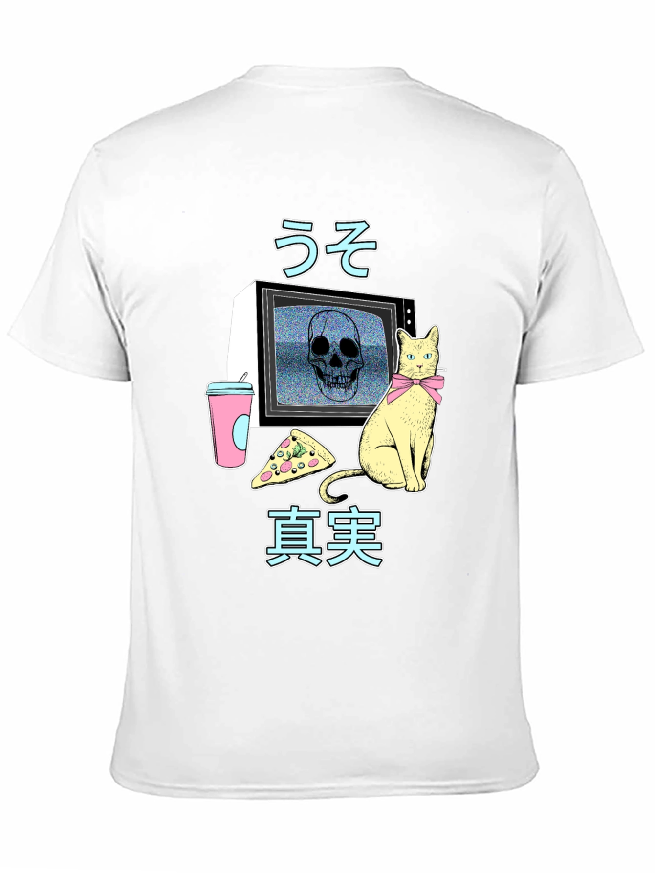 Retro Anime T-Shirt with Skull TV & Cat Design