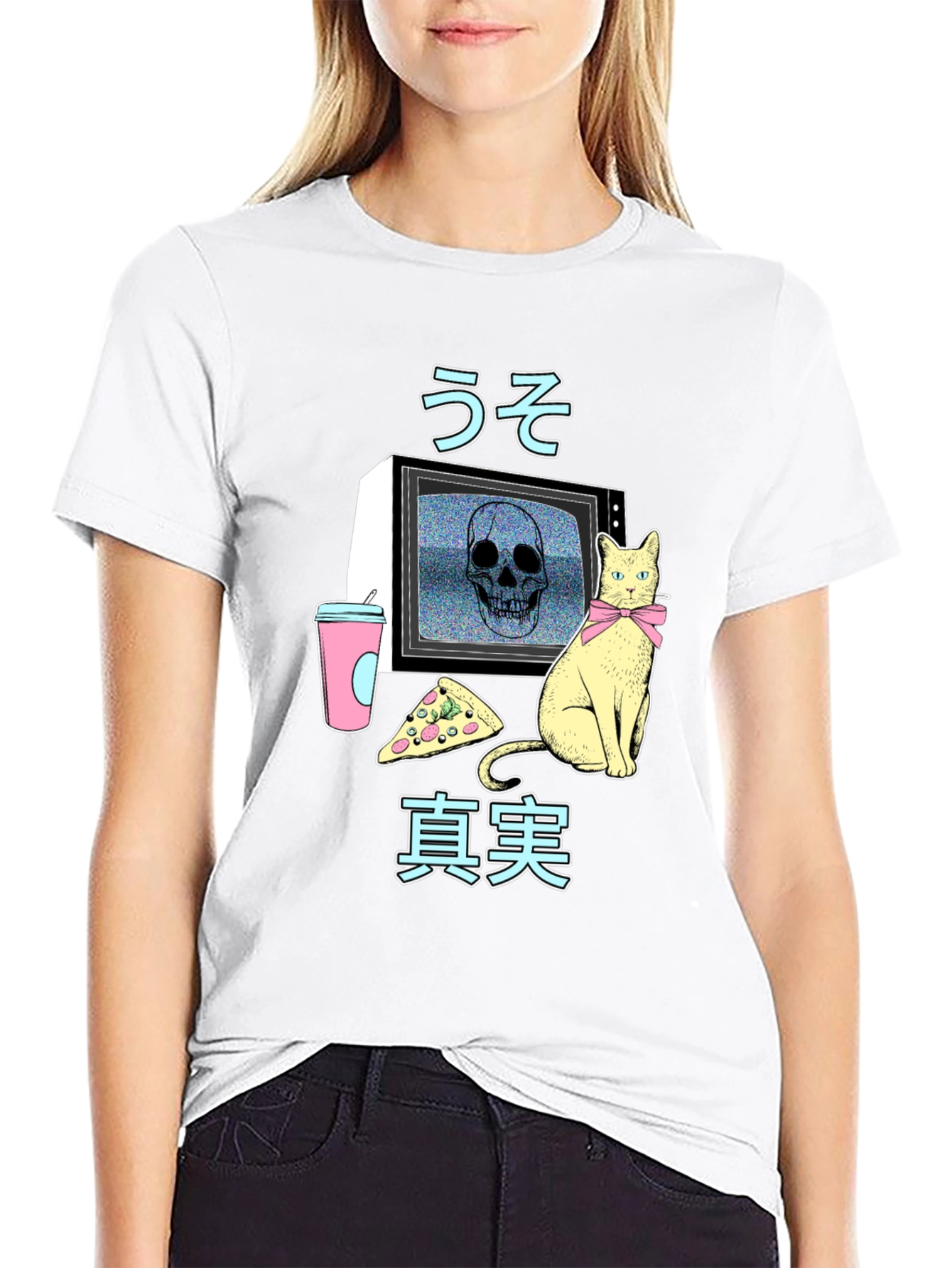 Retro Anime T-Shirt with Skull TV & Cat Design