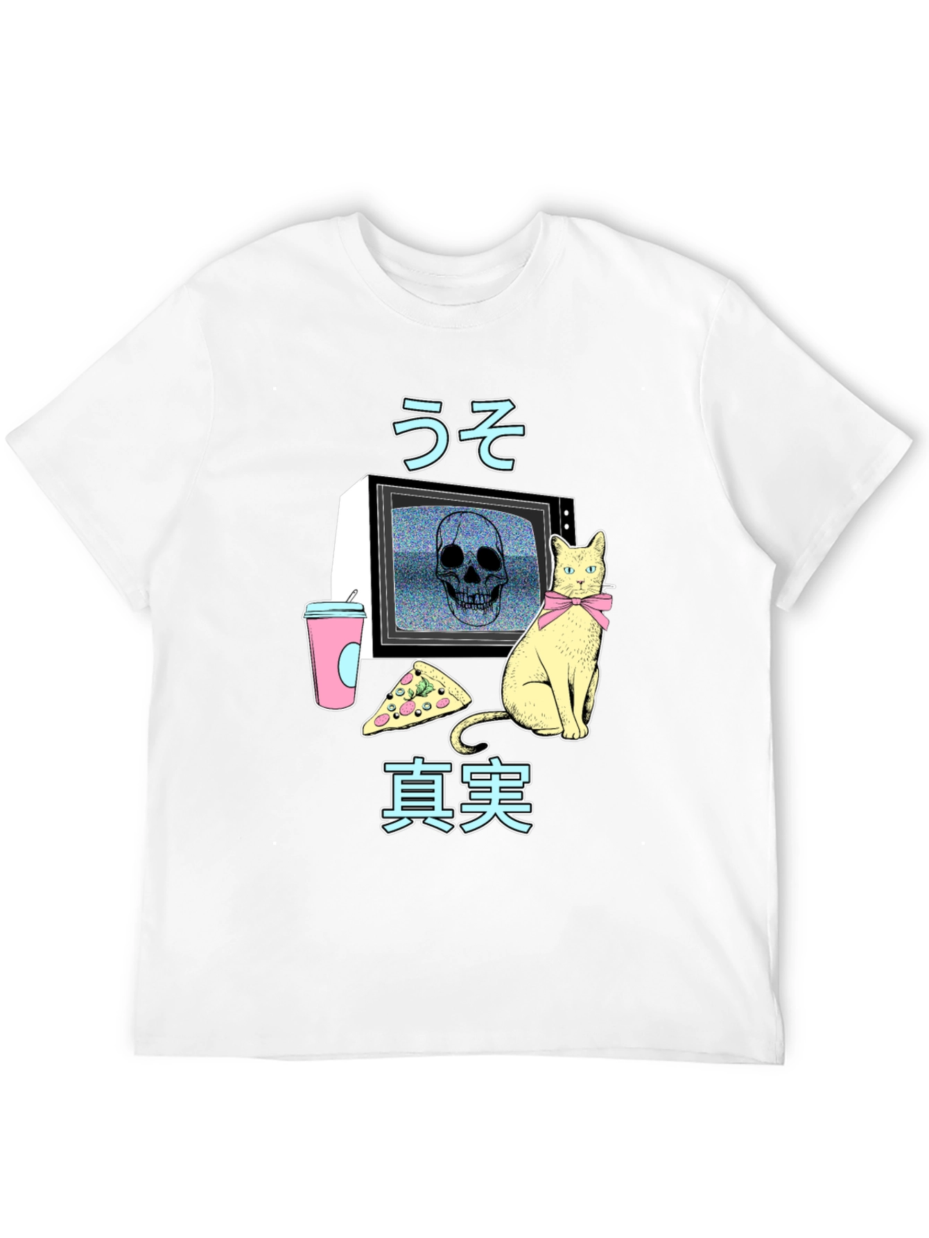 Retro Anime T-Shirt with Skull TV & Cat Design