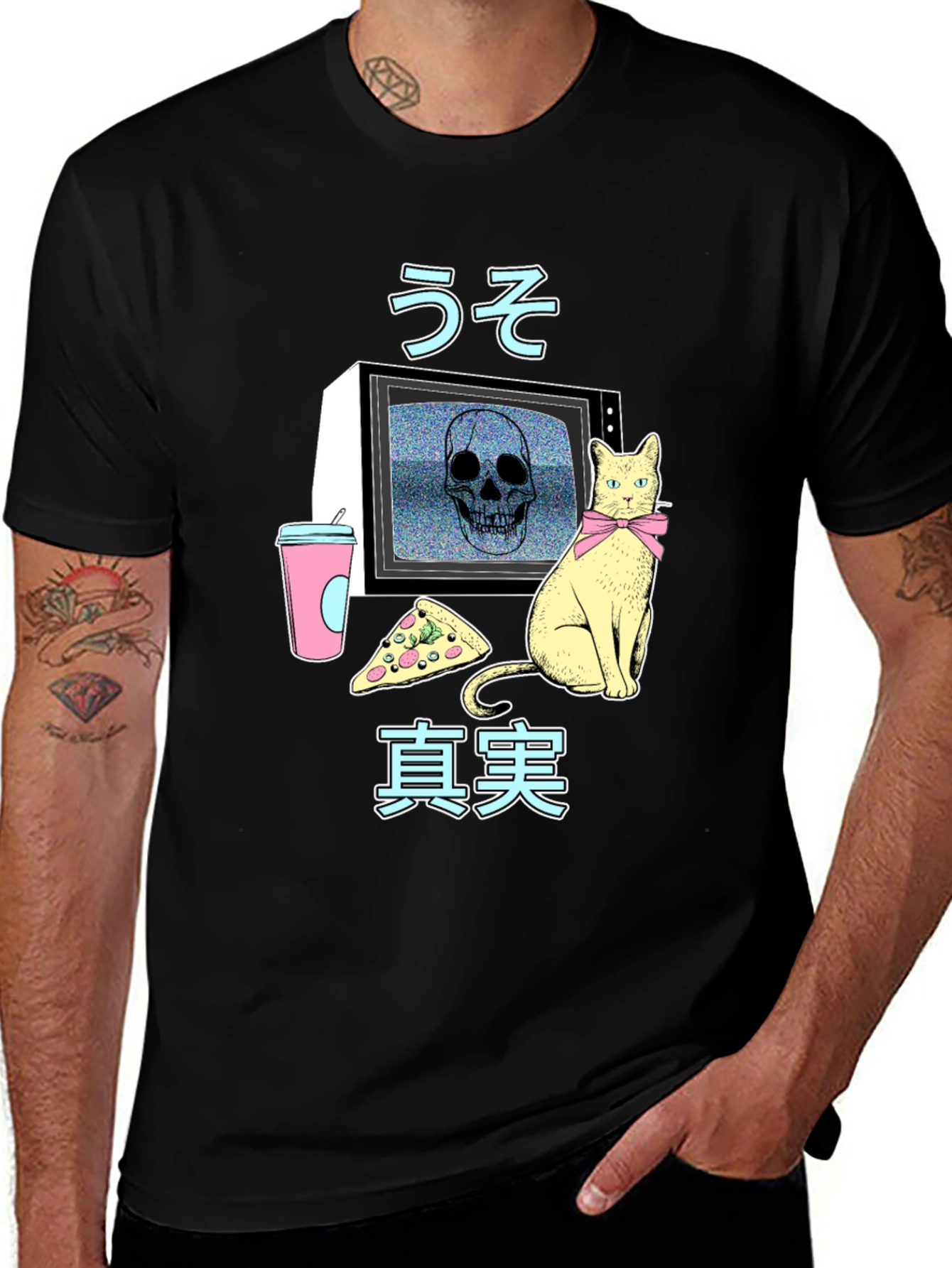 Retro Anime T-Shirt with Skull TV & Cat Design