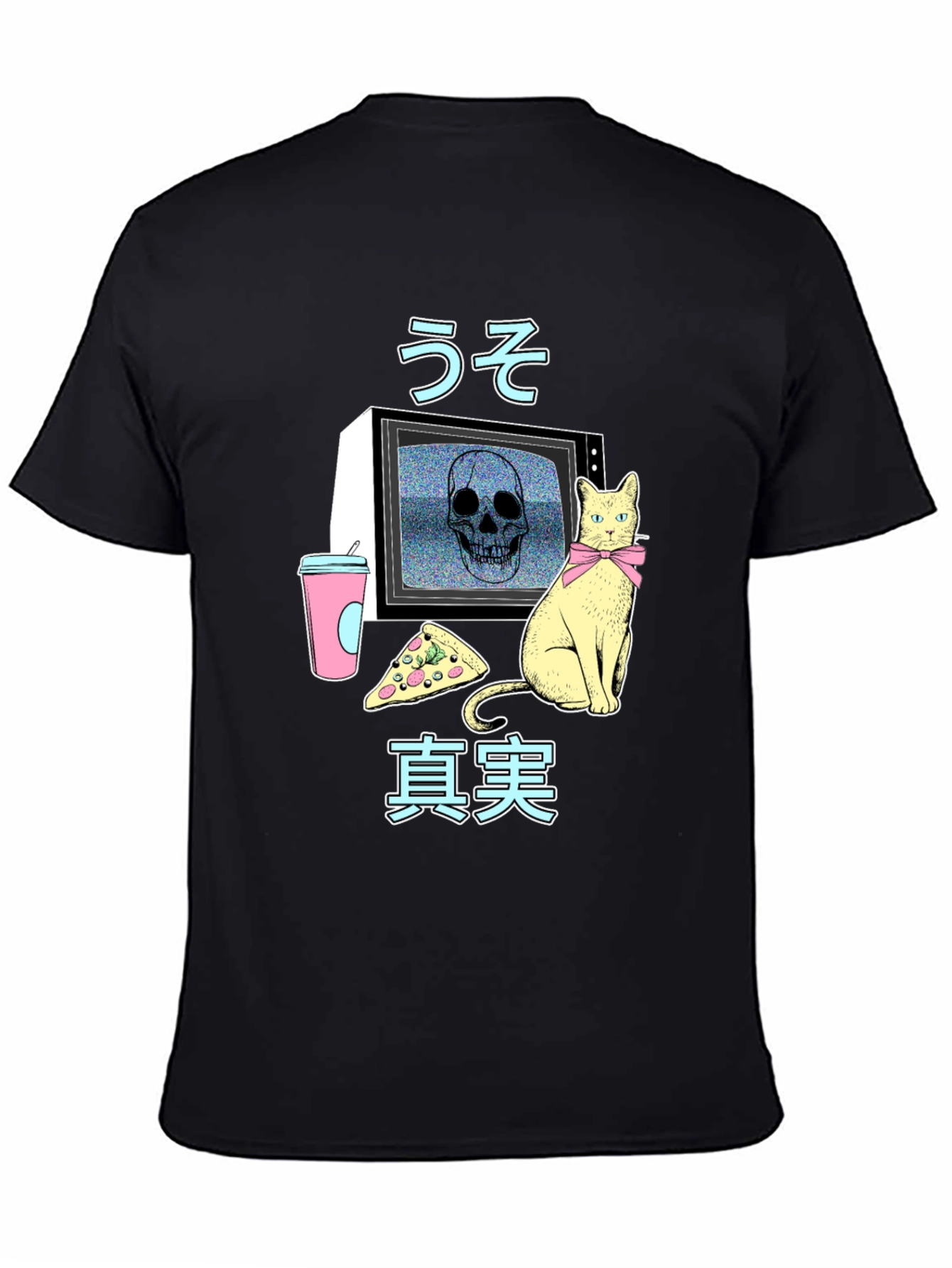 Retro Anime T-Shirt with Skull TV & Cat Design