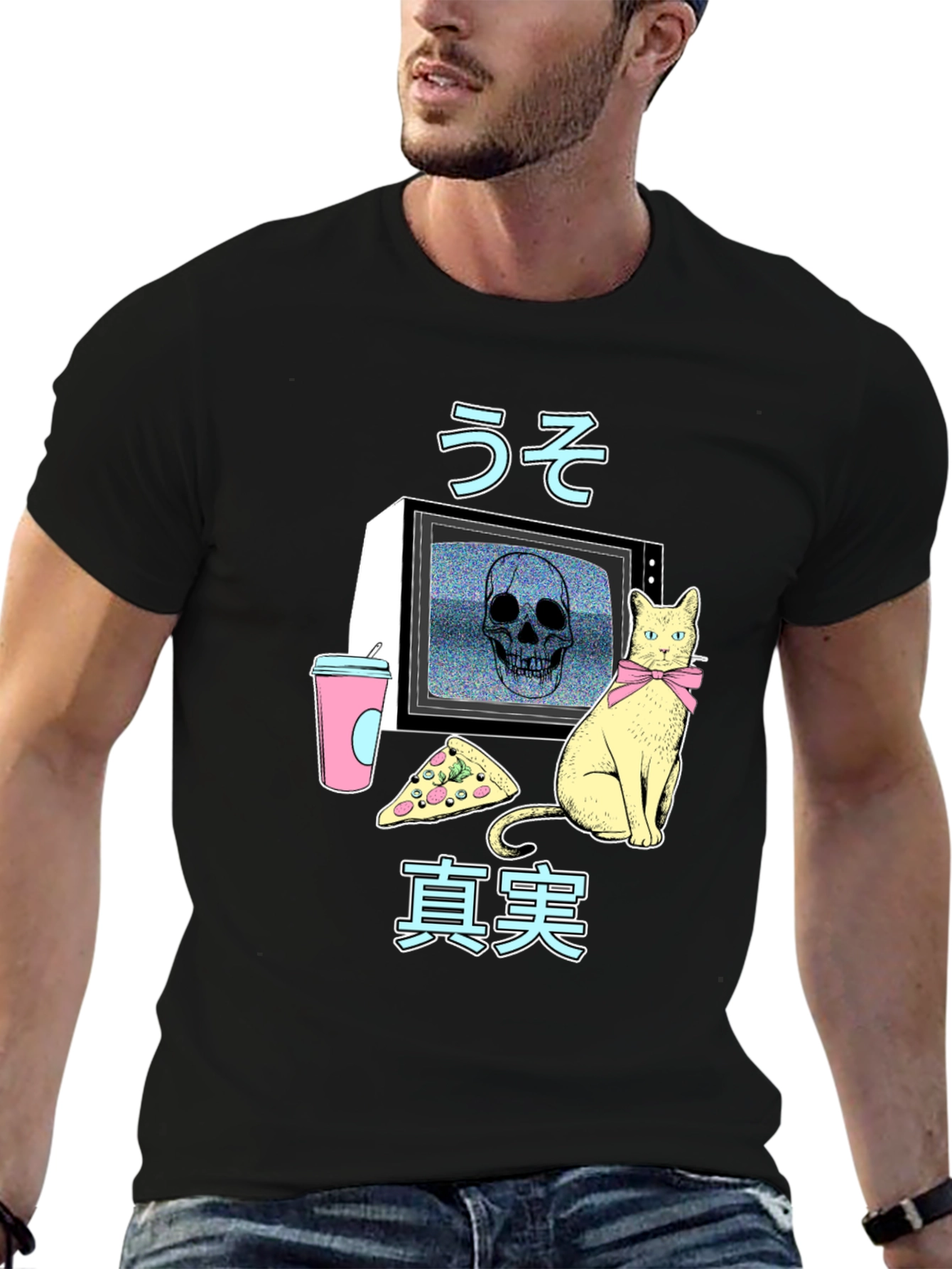 Retro Anime T-Shirt with Skull TV & Cat Design