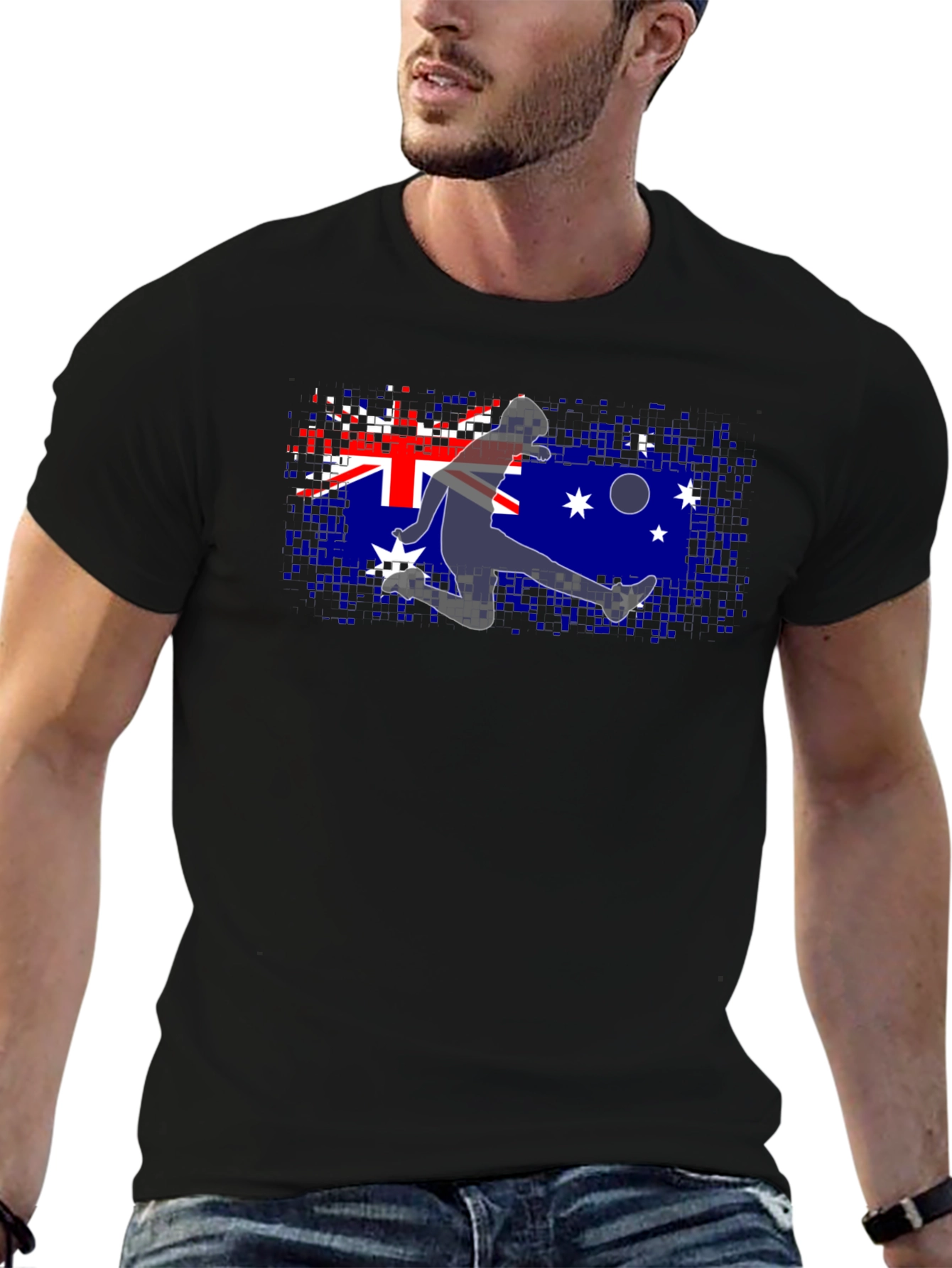 Australia Flag Soccer Player Black T-Shirt