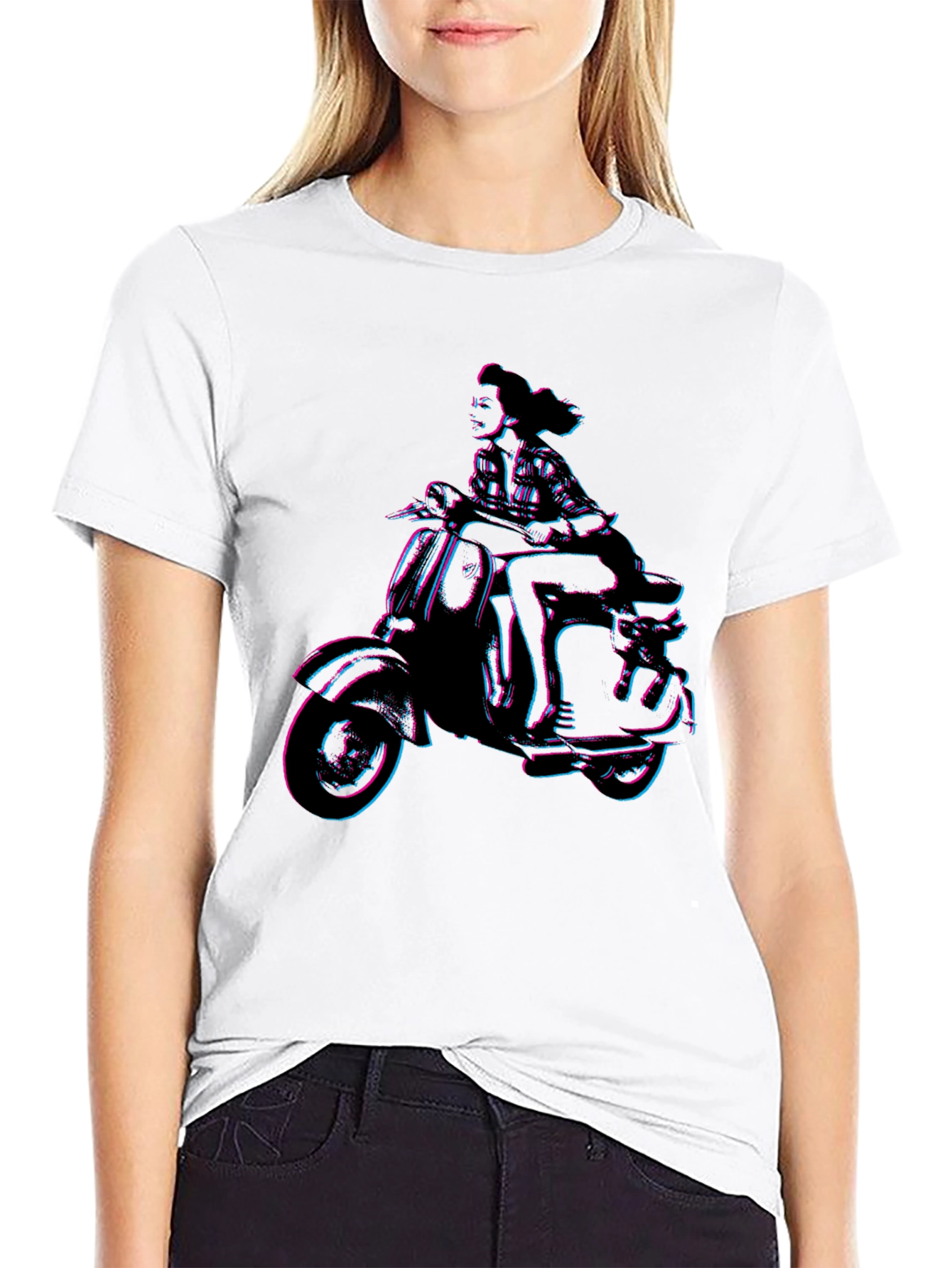 Retro Woman on Scooter Graphic Tee - Black