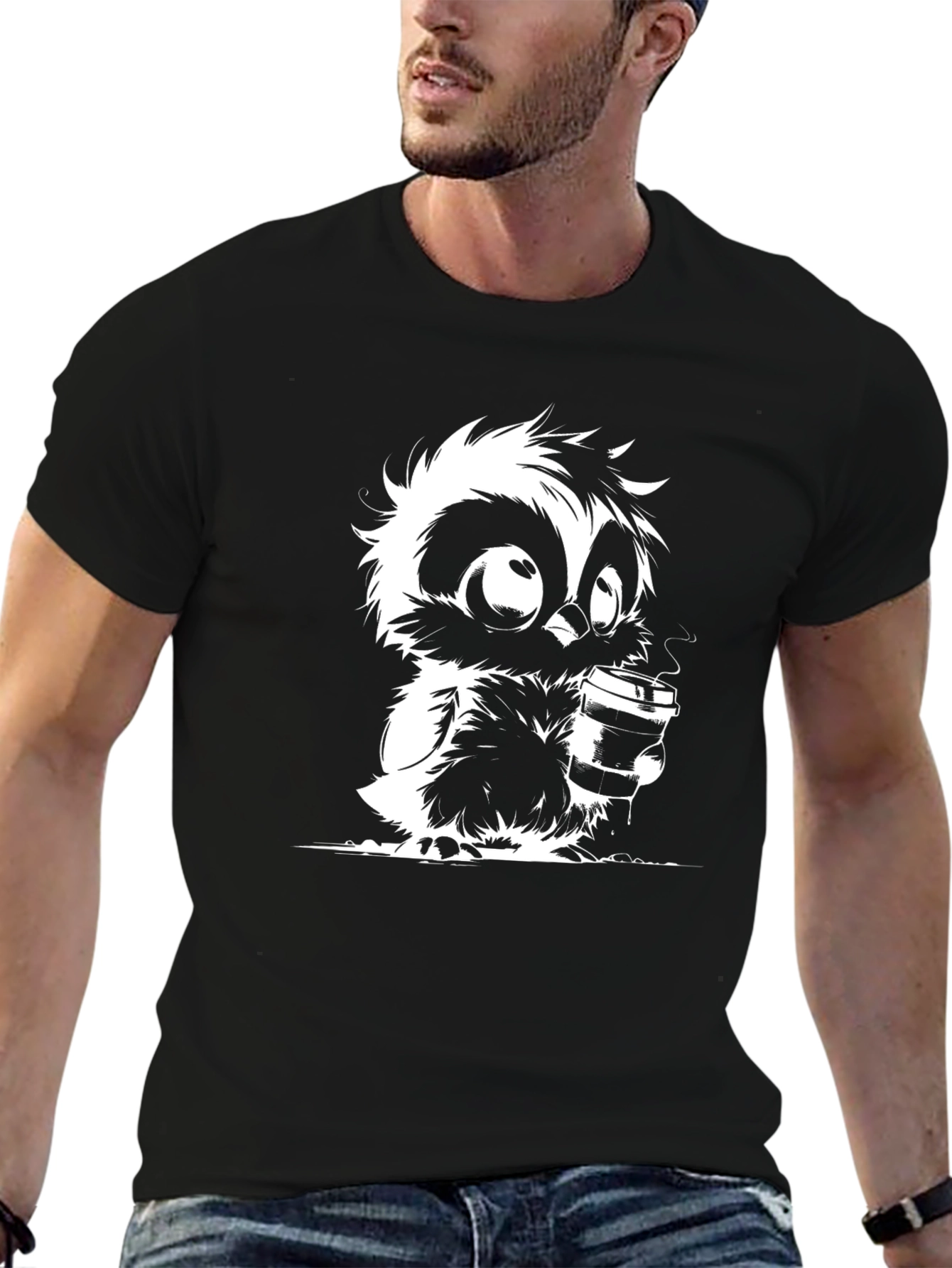 Owl Coffee Lover Graphic T-Shirt - Black