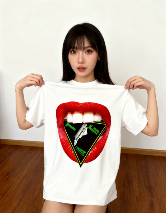 Red Lips Geometric Graphic T-Shirt - Edgy Trendy Casual Streetwear Tee