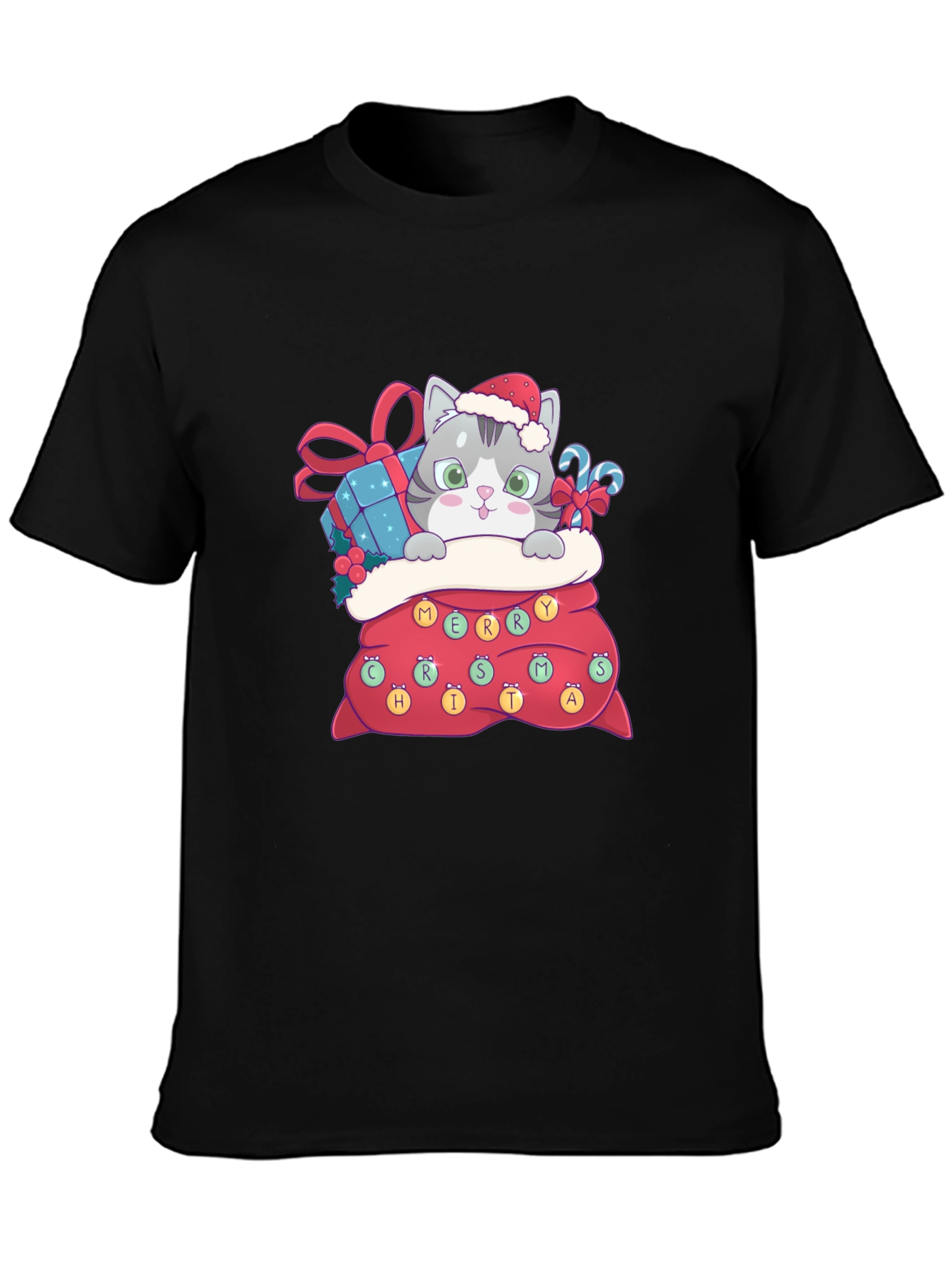 Christmas Cat in Bag Graphic Tee