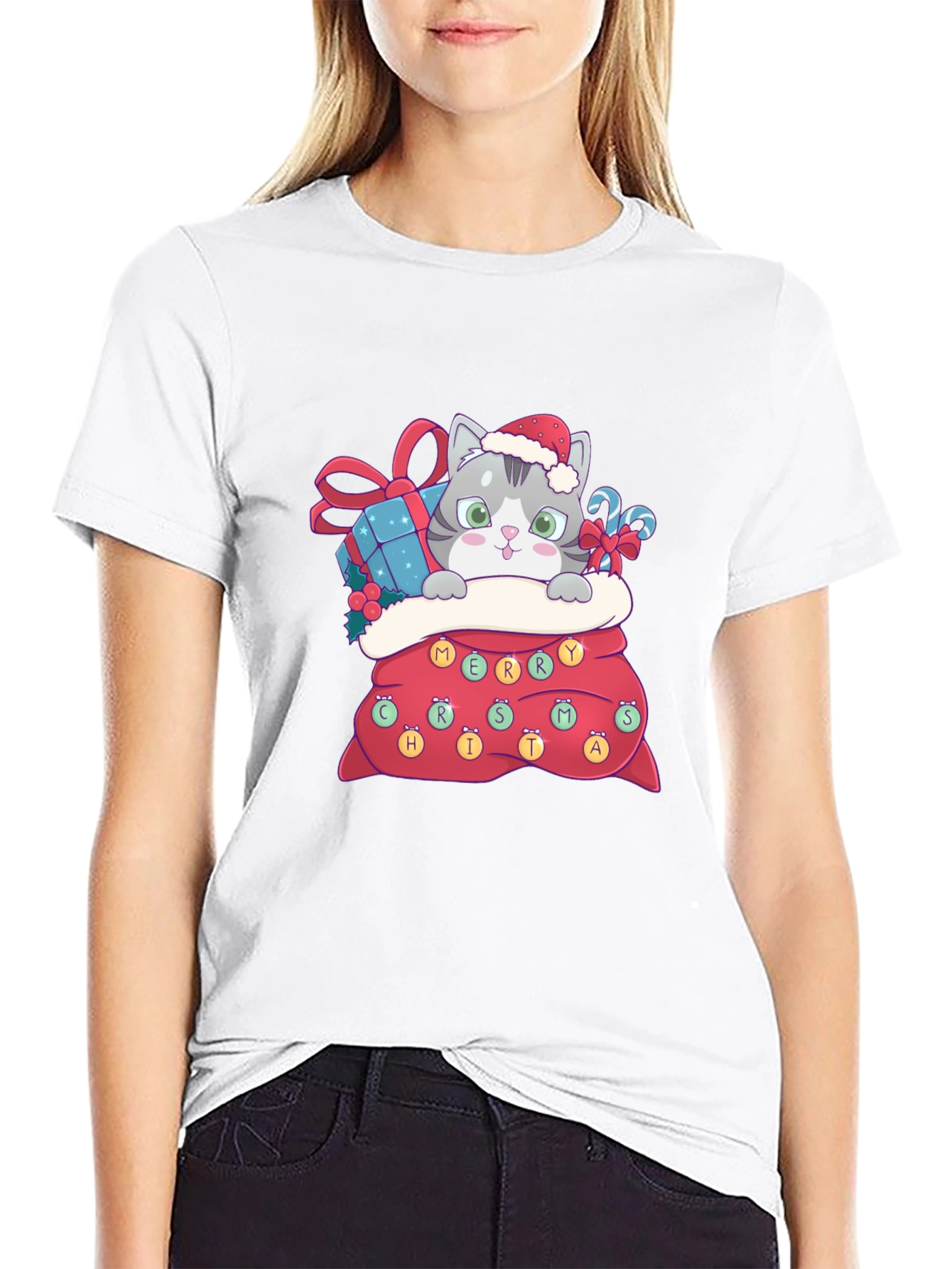 Christmas Cat in Bag Graphic Tee