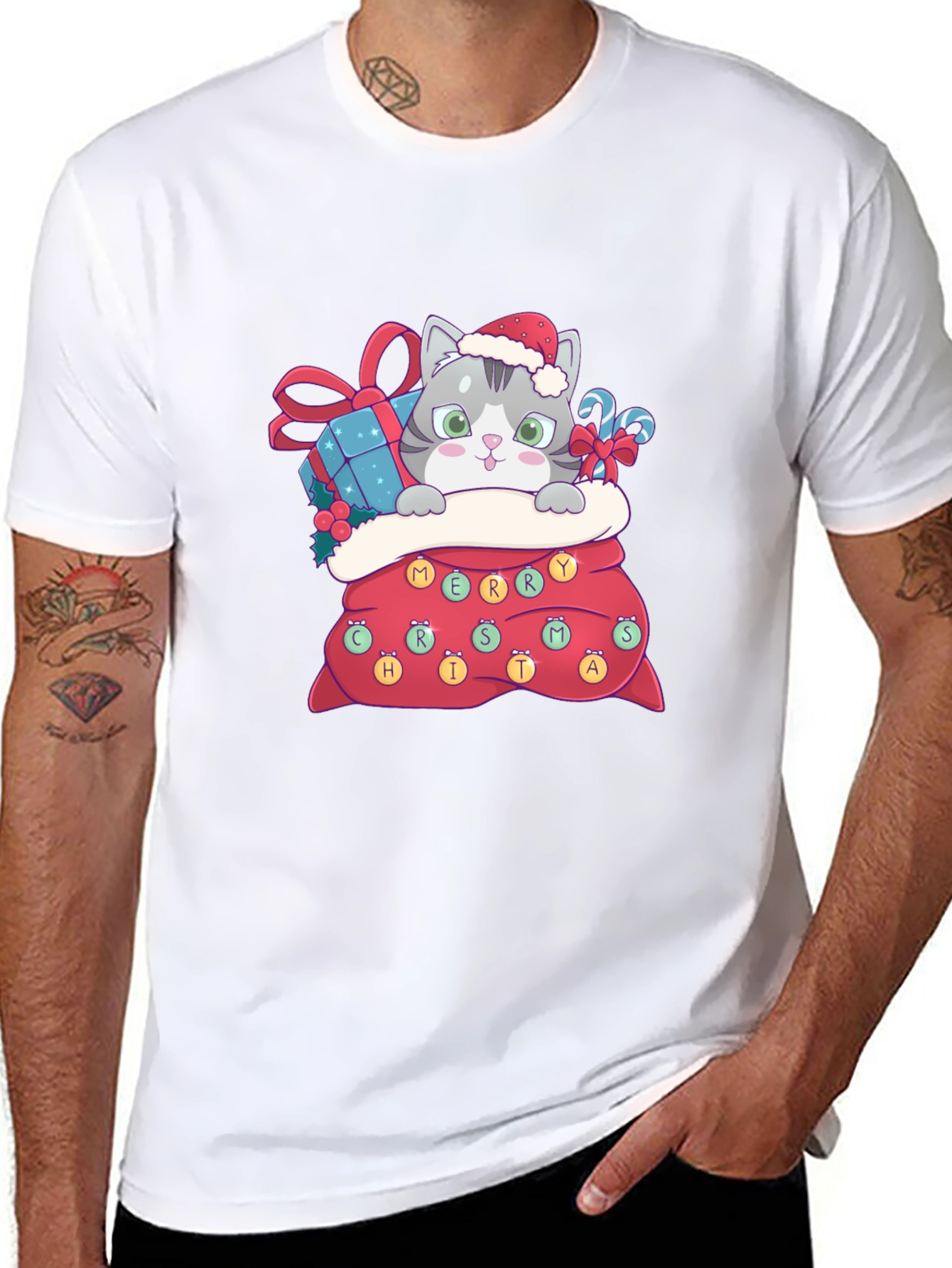 Christmas Cat in Bag Graphic Tee
