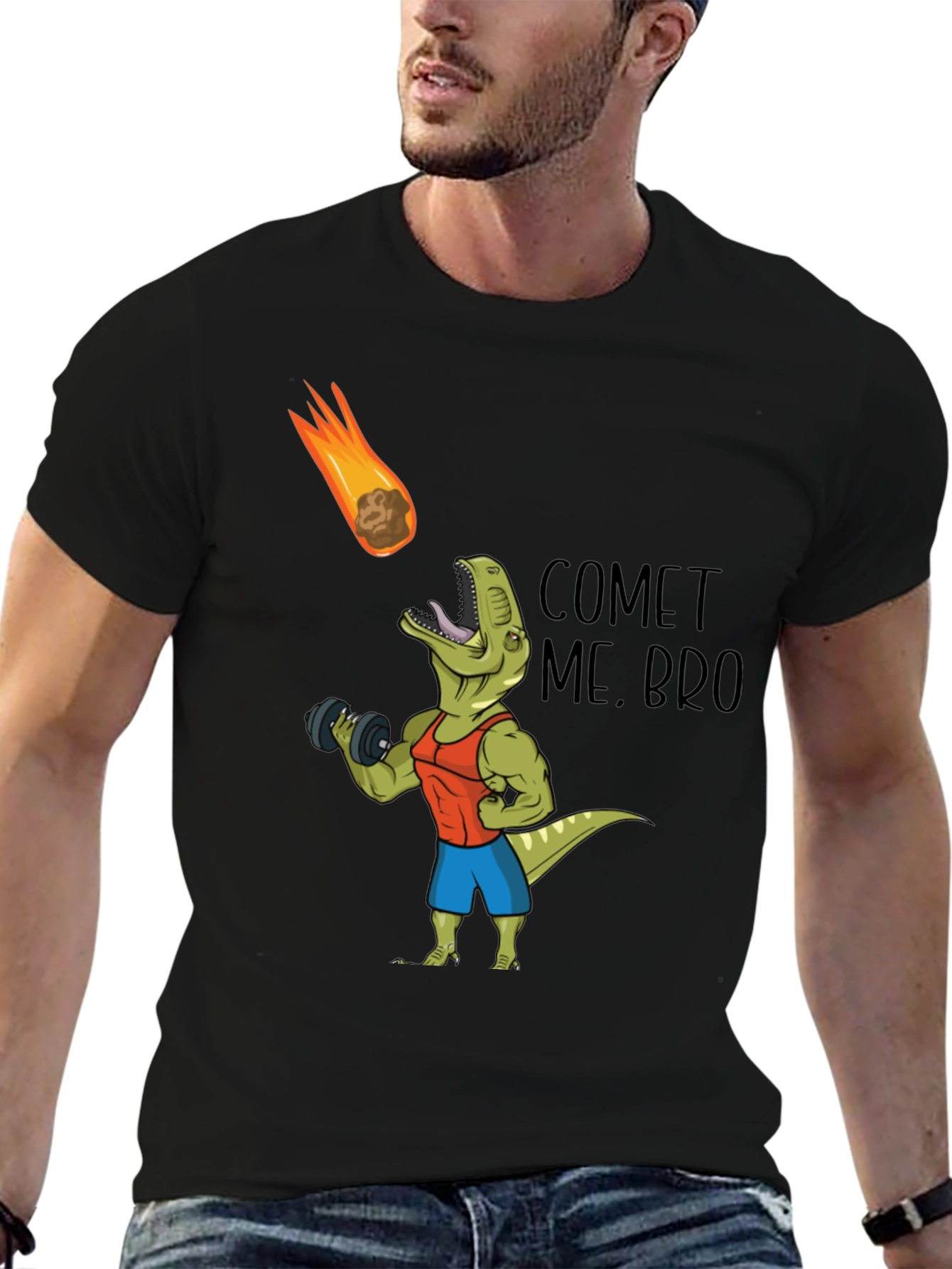 Comet Me Bro T-Shirt: Dino Workout Black Tee