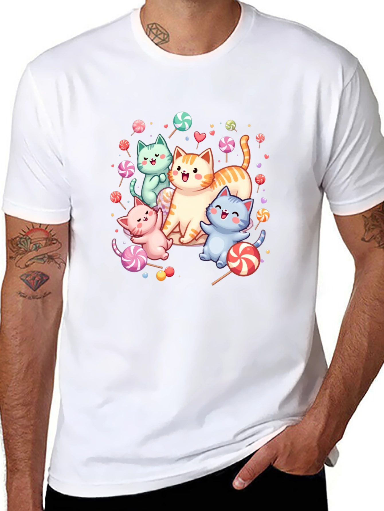 Cute Cats & Candy Black T-Shirt