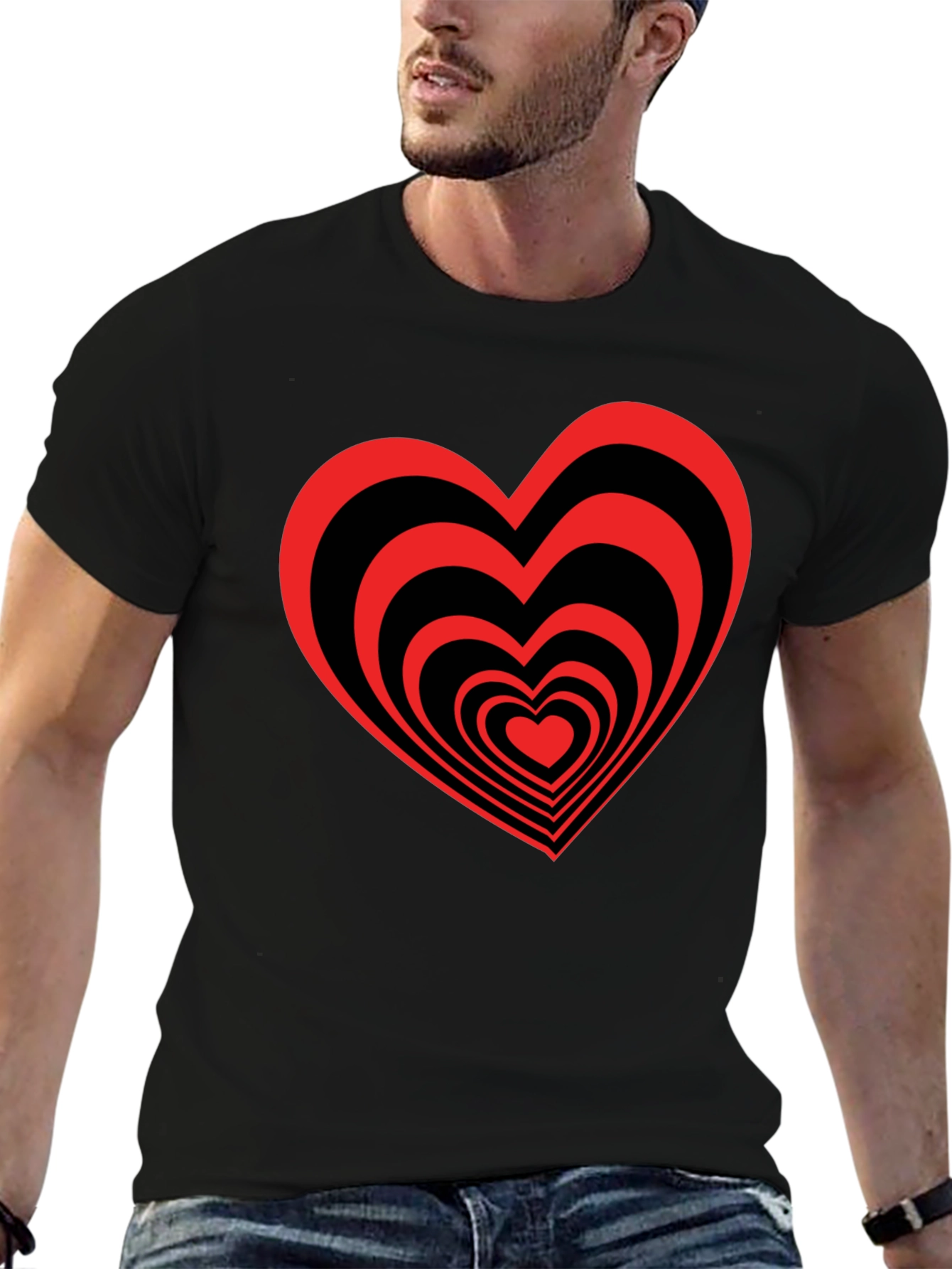 Black T-Shirt with Red Heart Optical Illusion Design