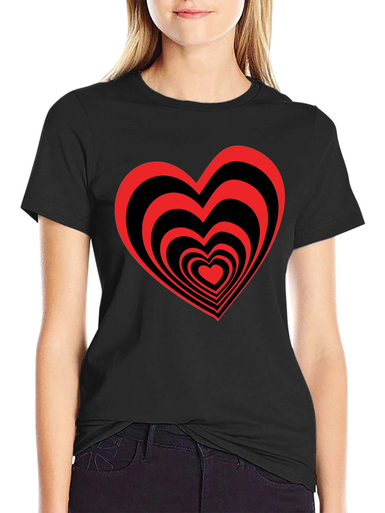 Black T-Shirt with Red Heart Optical Illusion Design