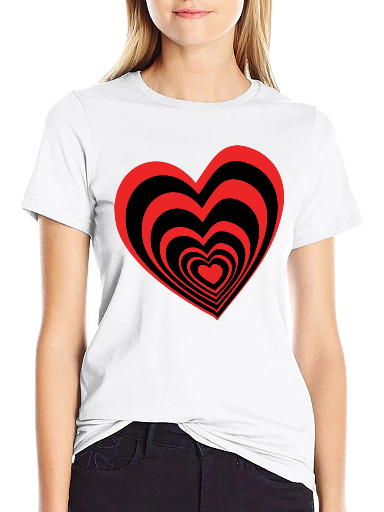 Black T-Shirt with Red Heart Optical Illusion Design