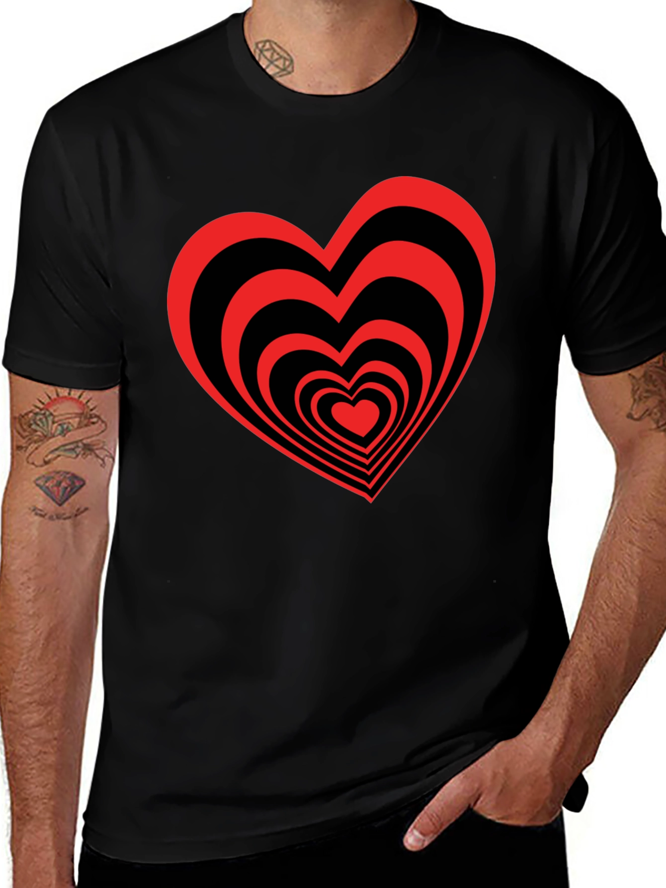 Black T-Shirt with Red Heart Optical Illusion Design