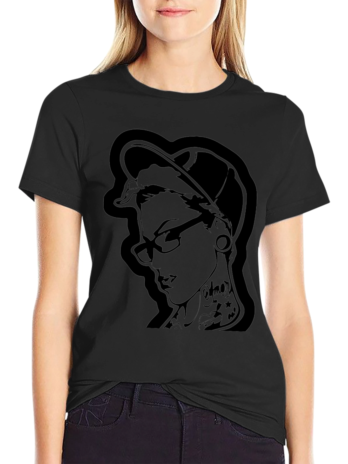Edgy Ink Girl Graphic Black T-Shirt