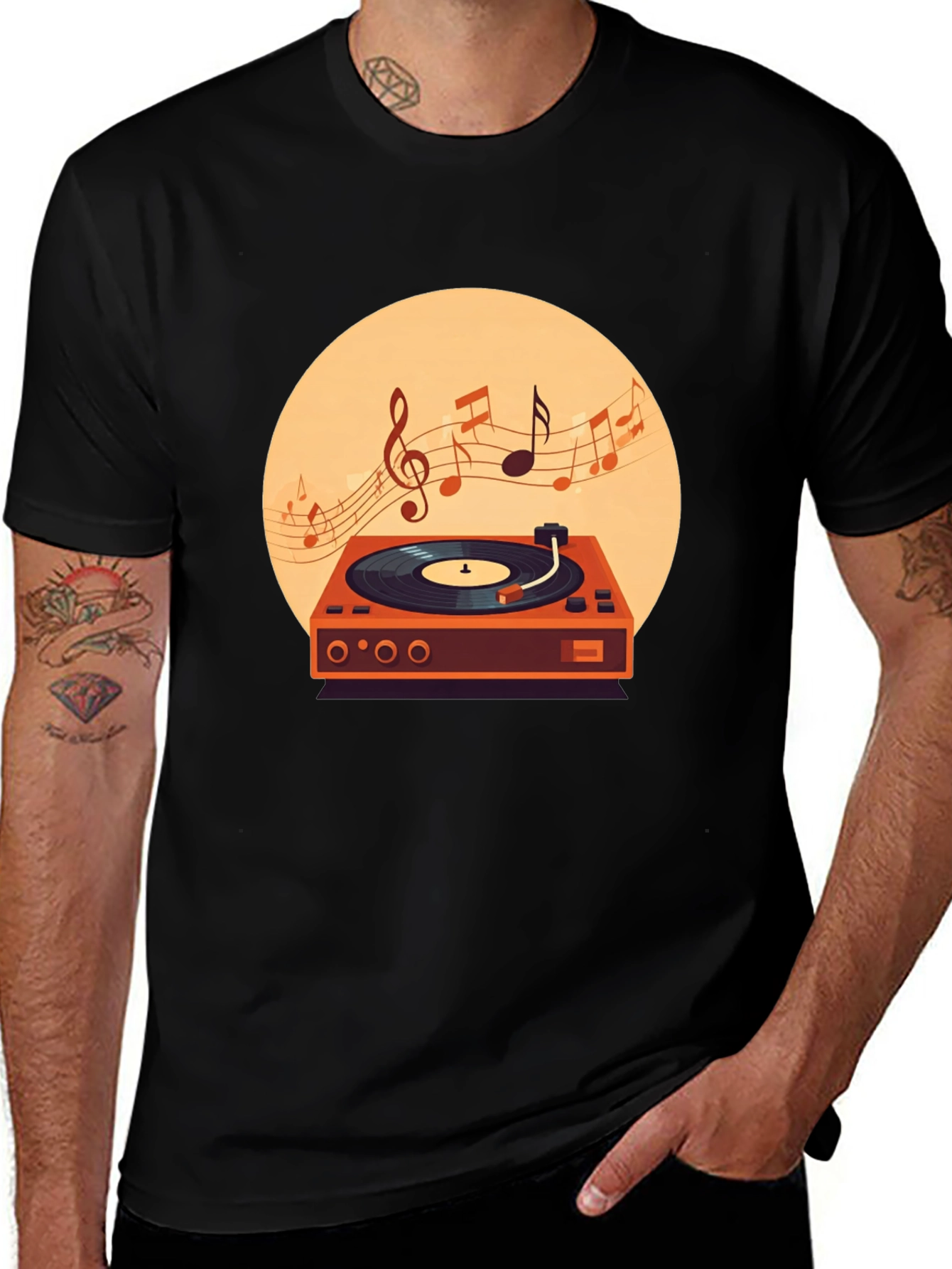 Retro Turntable Music T-Shirt - Black
