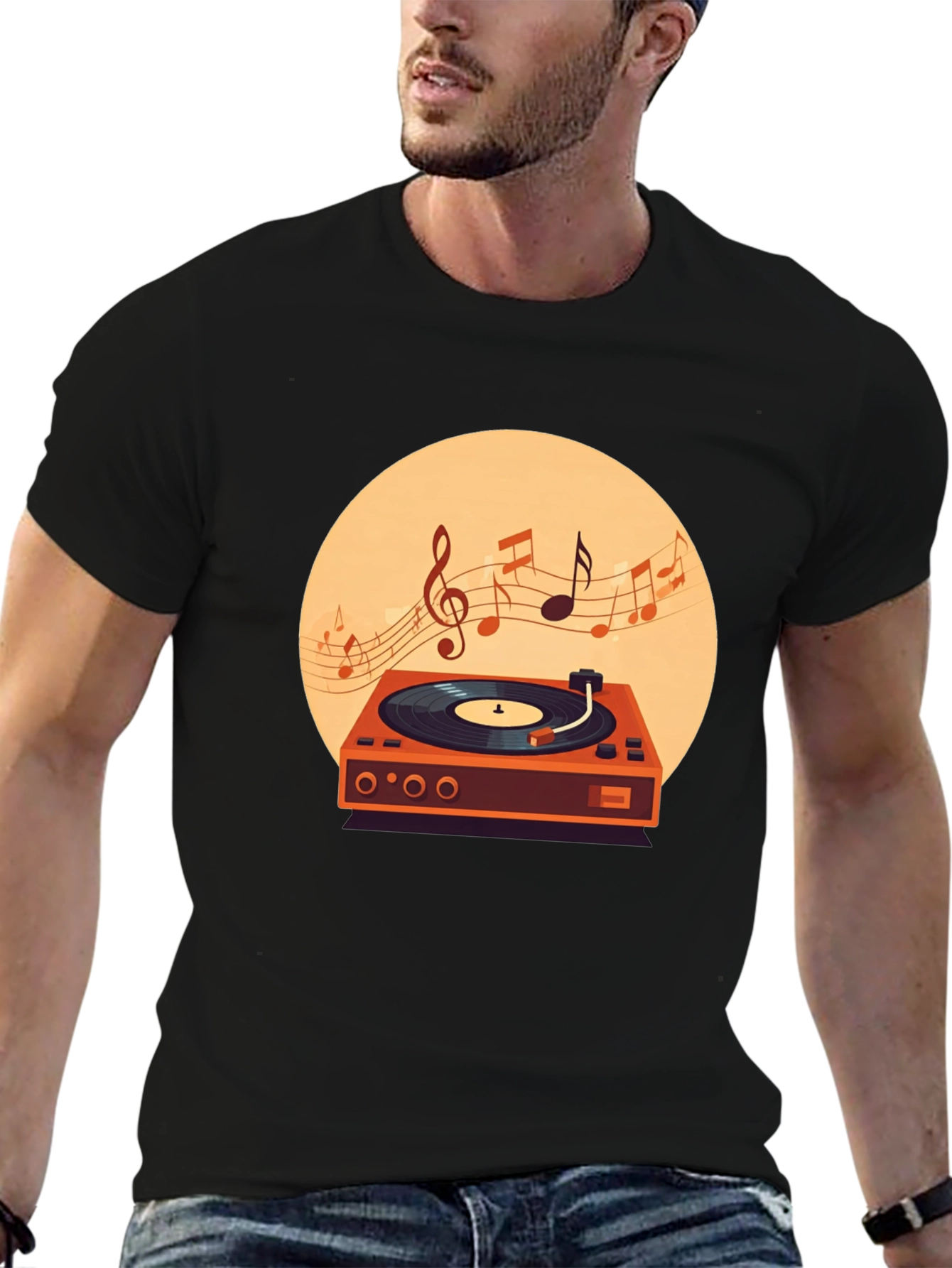 Retro Turntable Music T-Shirt - Black