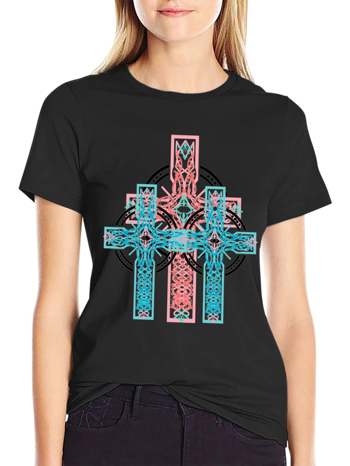 Celtic Cross Graphic Print Black T-Shirt