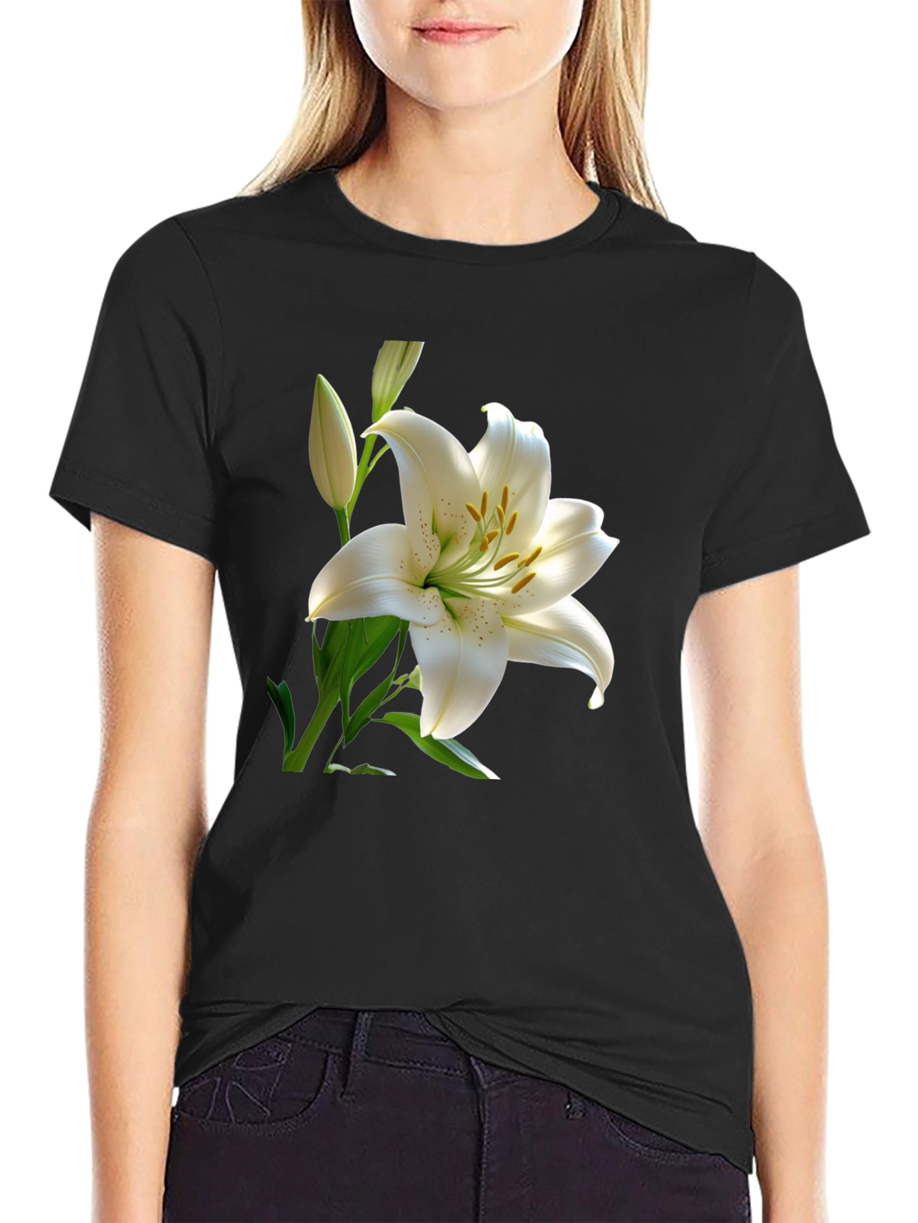 White Lily Graphic Tee - Elegant Floral Design