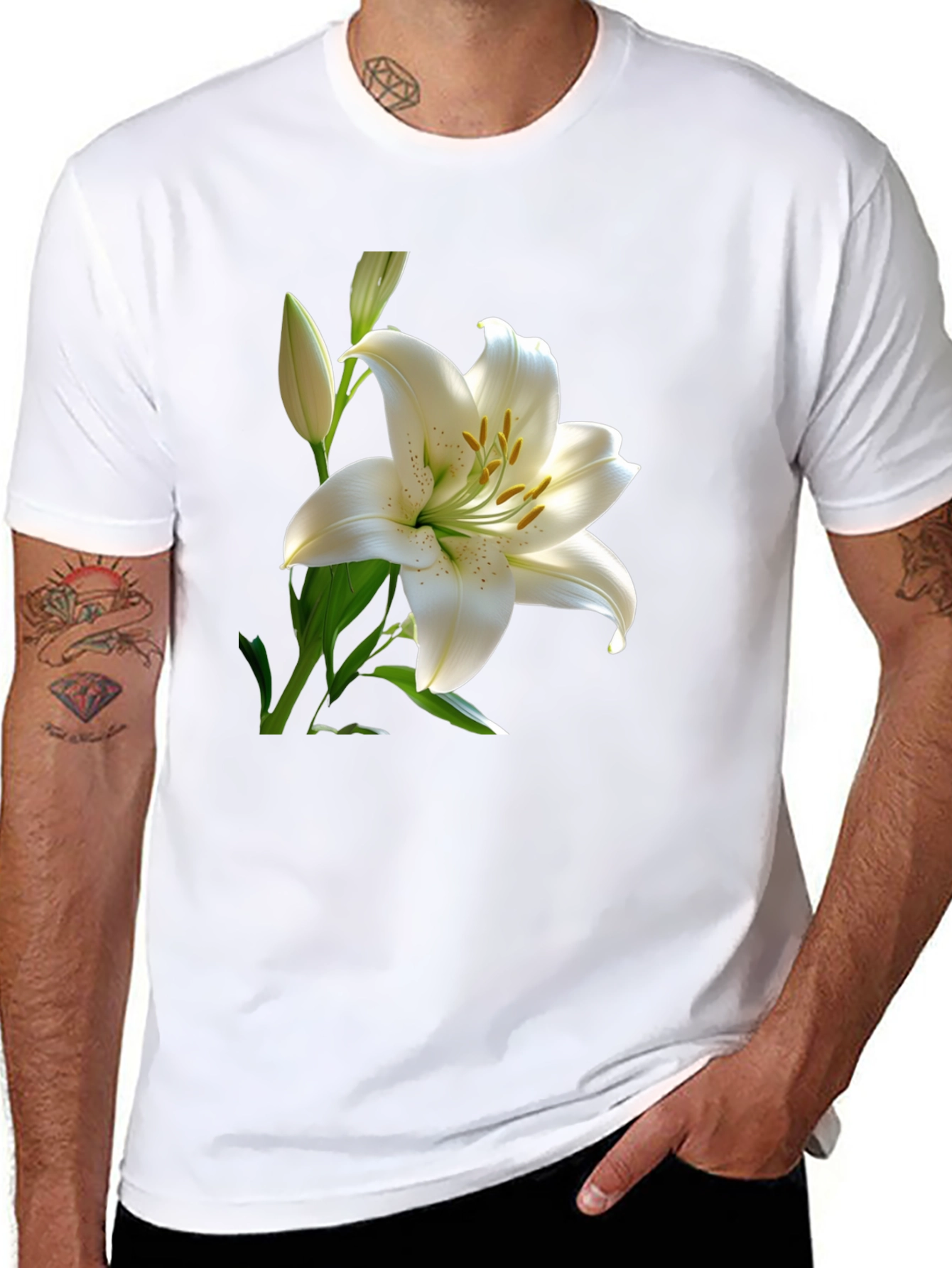 White Lily Graphic Tee - Elegant Floral Design