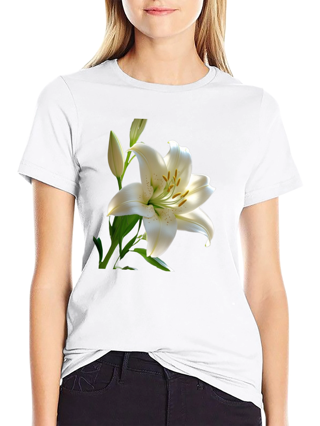 White Lily Graphic Tee - Elegant Floral Design
