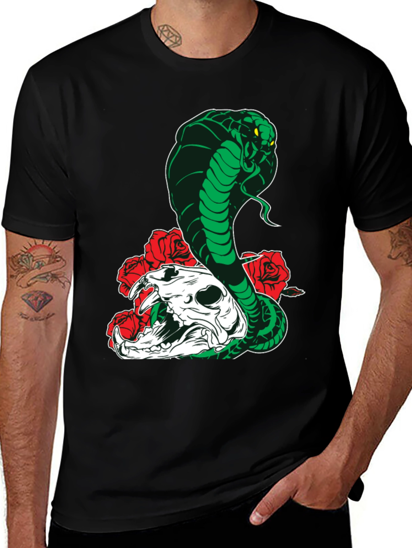 Cobra Skull Roses T-Shirt - Mens Black Graphic Tee