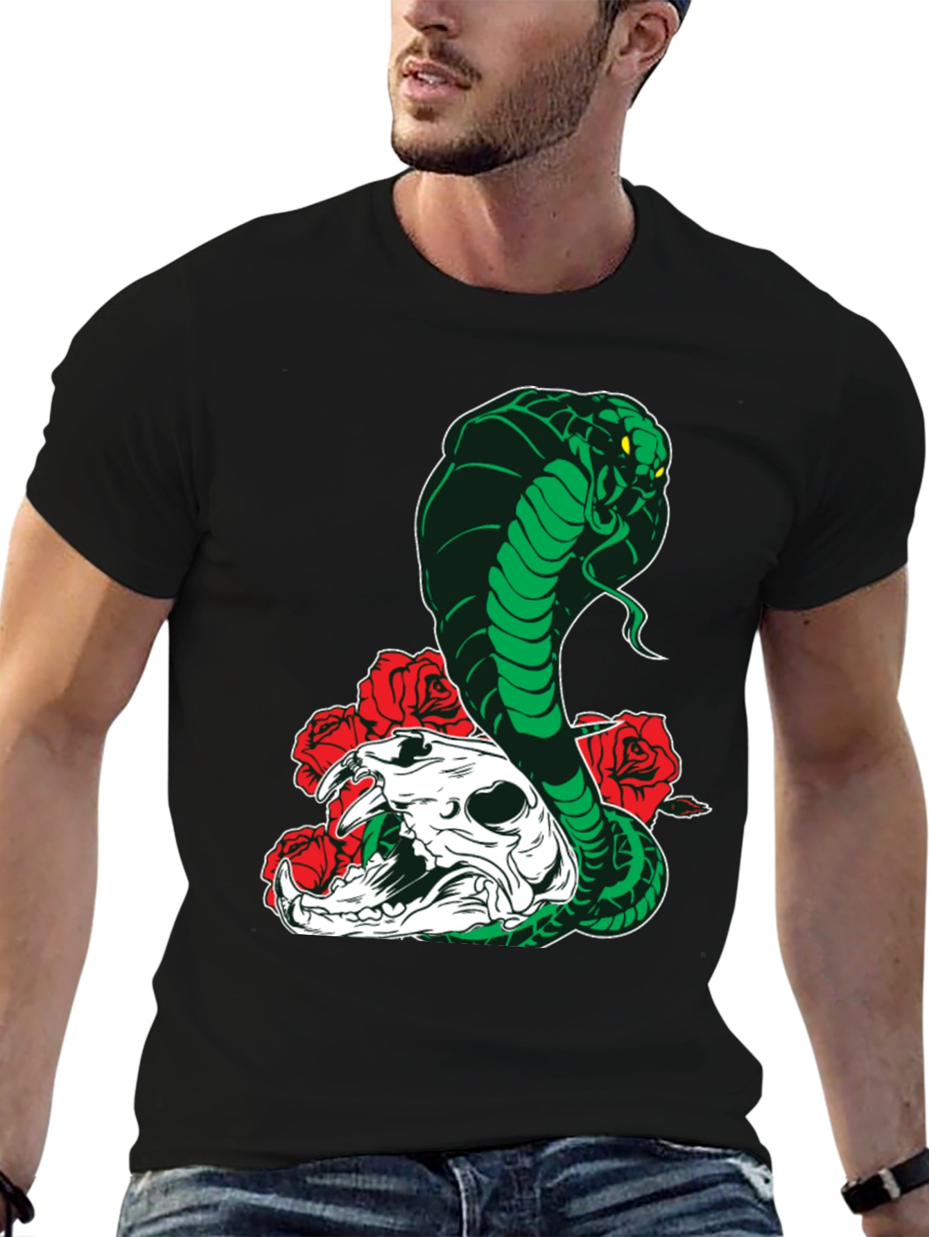 Cobra Skull Roses T-Shirt - Mens Black Graphic Tee