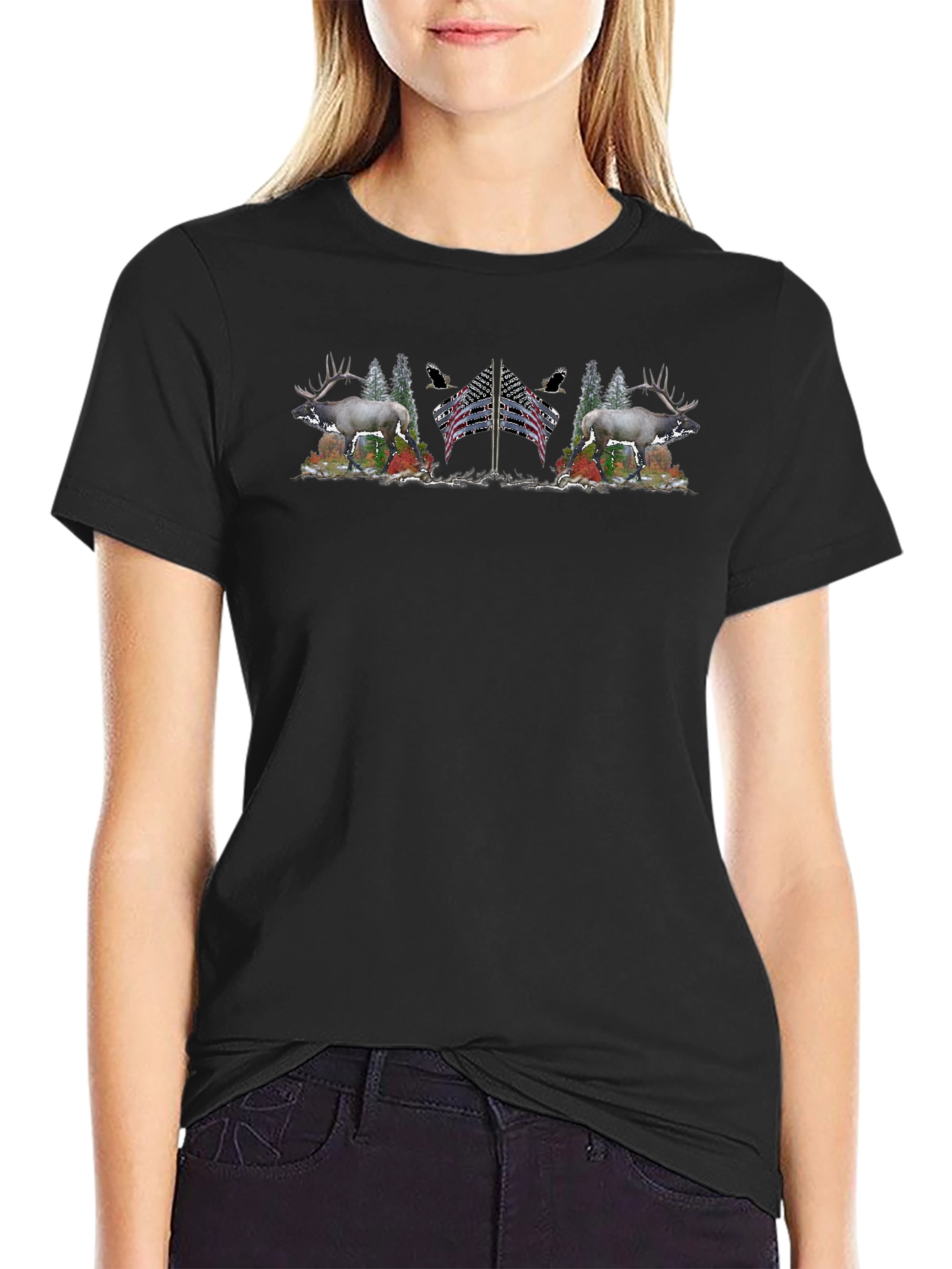 Wildlife and American Flag Graphic Tee - Black