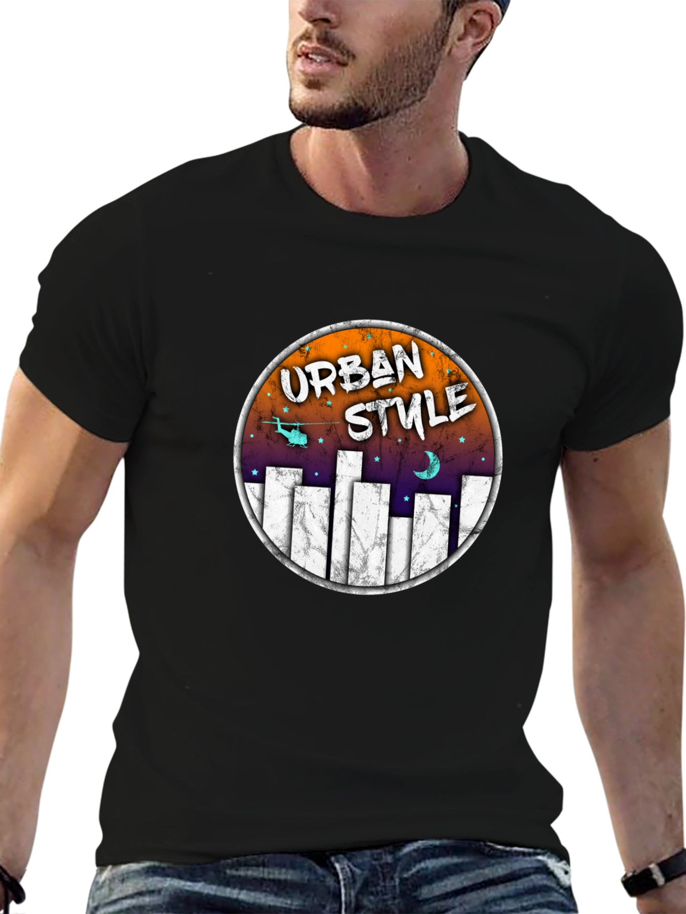 Urban Style Graphic Tee - Black Crew Neck