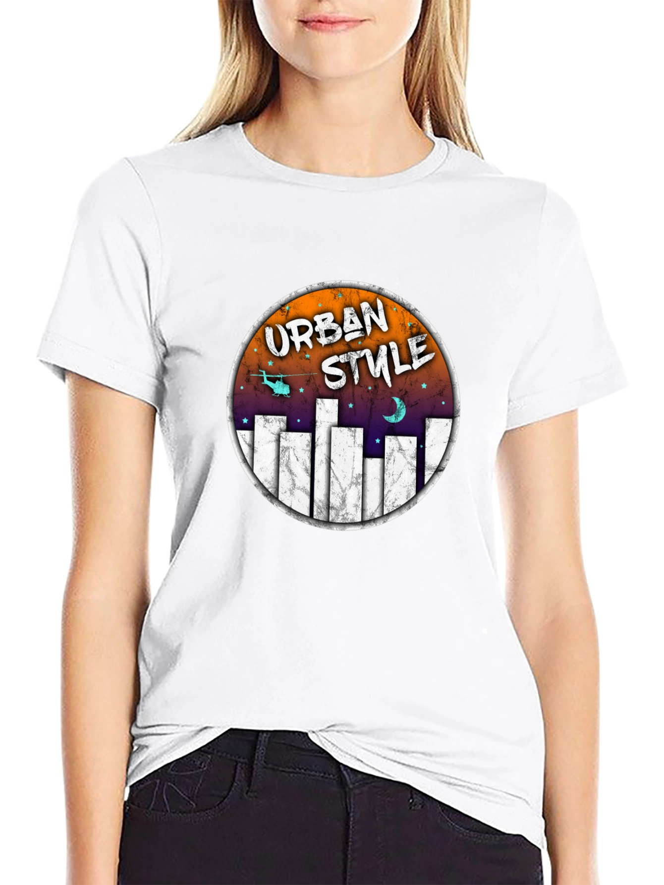 Urban Style Graphic Tee - Black Crew Neck
