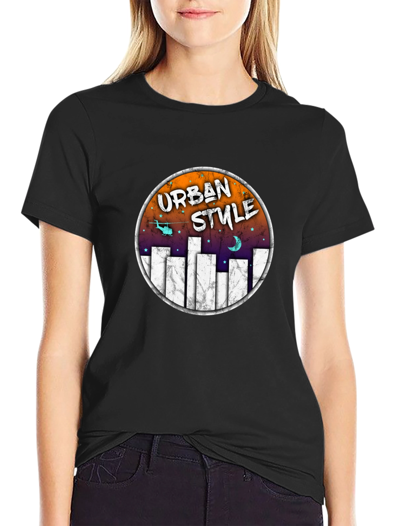 Urban Style Graphic Tee - Black Crew Neck