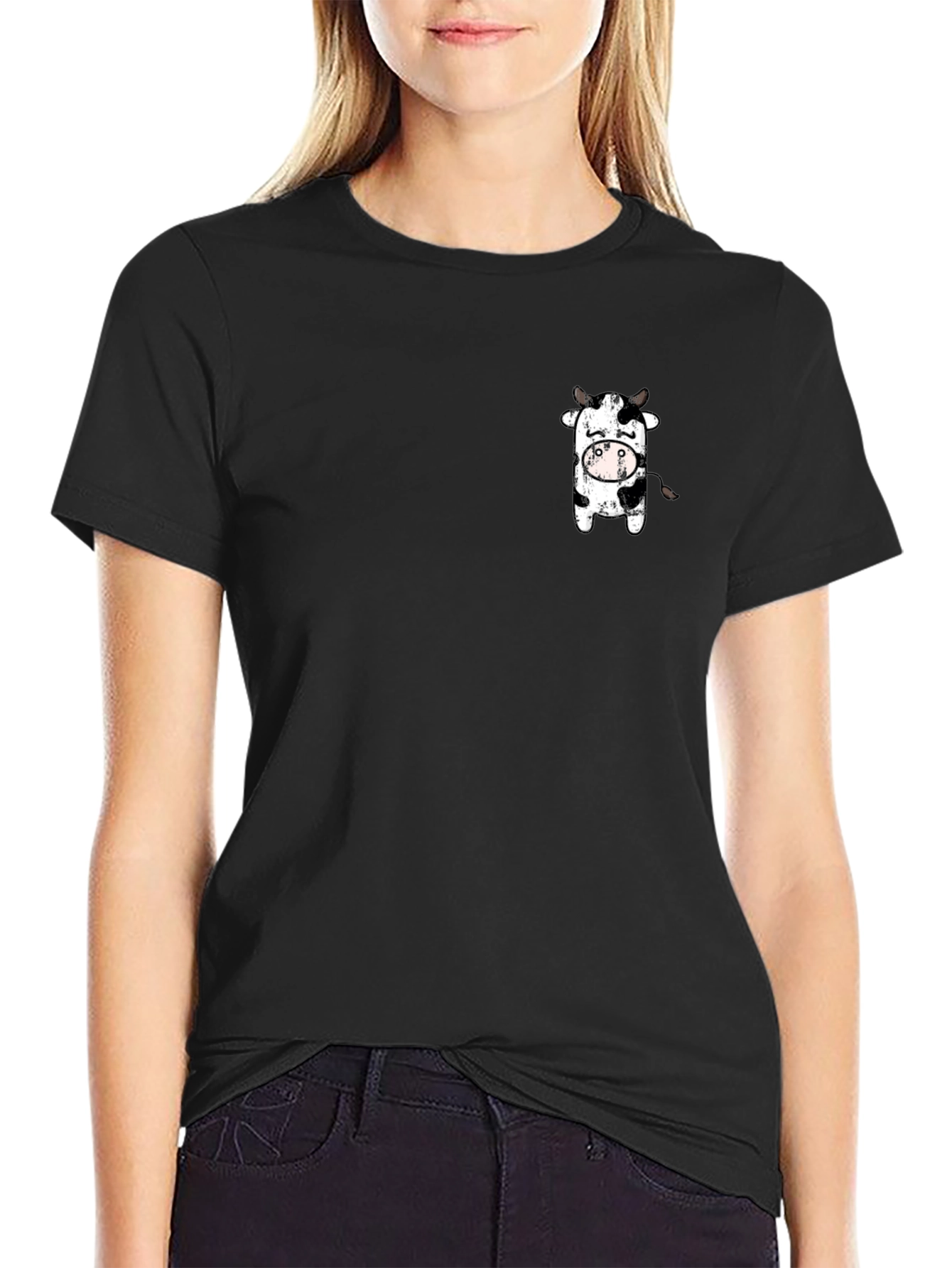 Black T-Shirt with Cute Cow Graphic