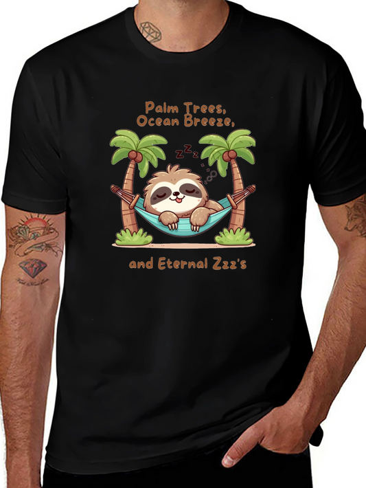 Relaxing Sloth Hammock T-Shirt - Palm Trees & Ocean Breeze