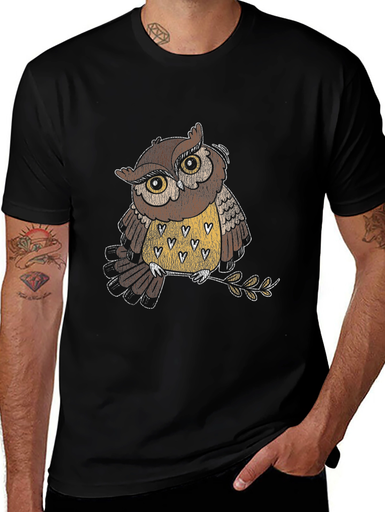 Owl Graphic Black T-Shirt - Mens Crew Neck Tee