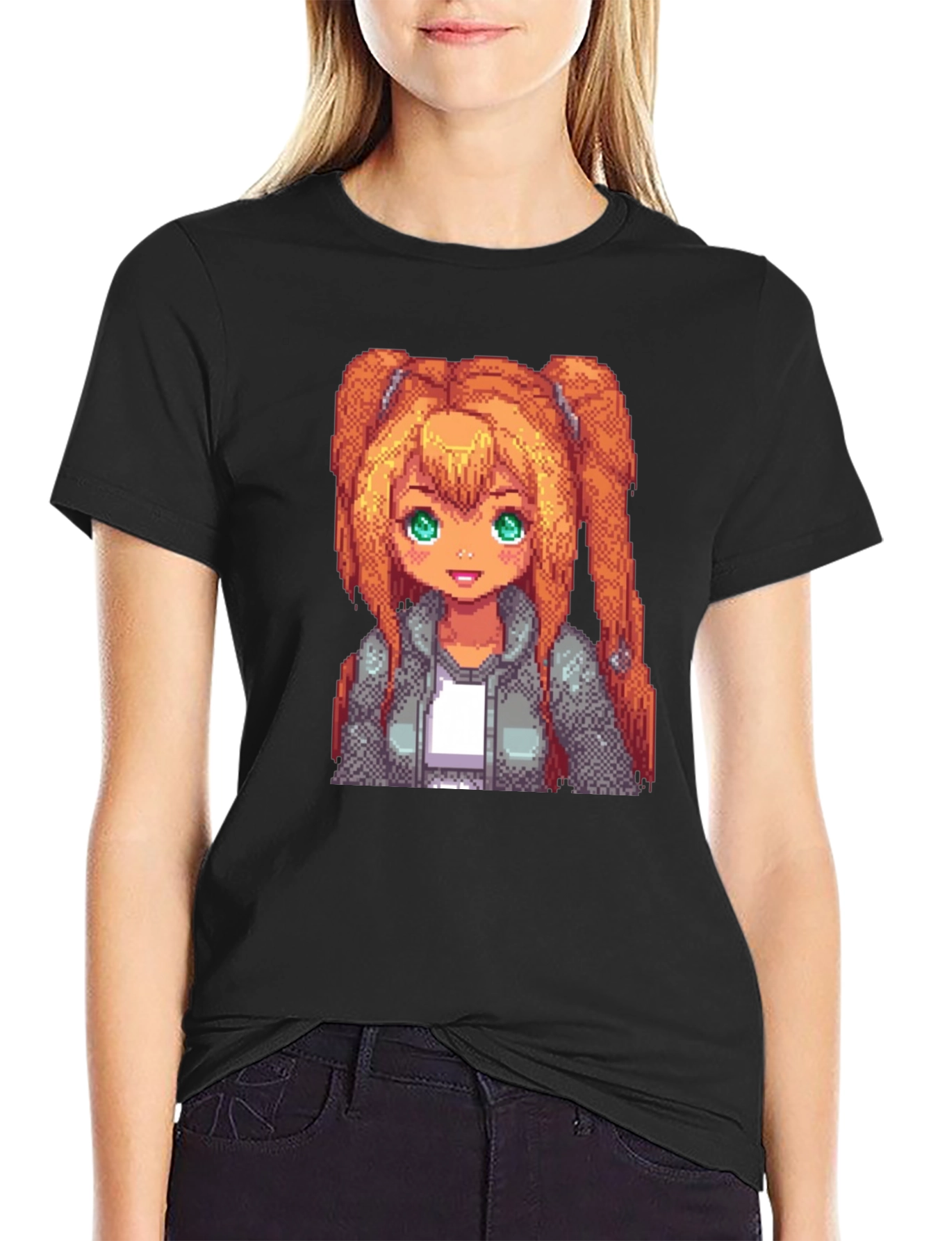 Pixel Anime Girl Graphic Tee - Black