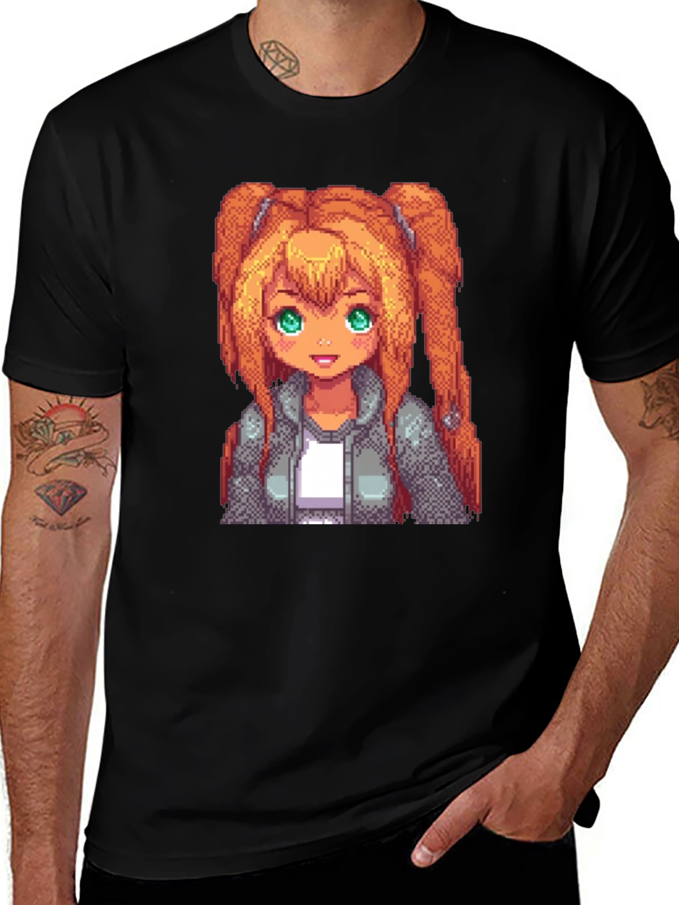 Pixel Anime Girl Graphic Tee - Black