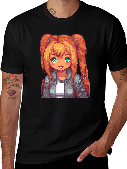 Pixel Anime Girl Graphic Tee - Black